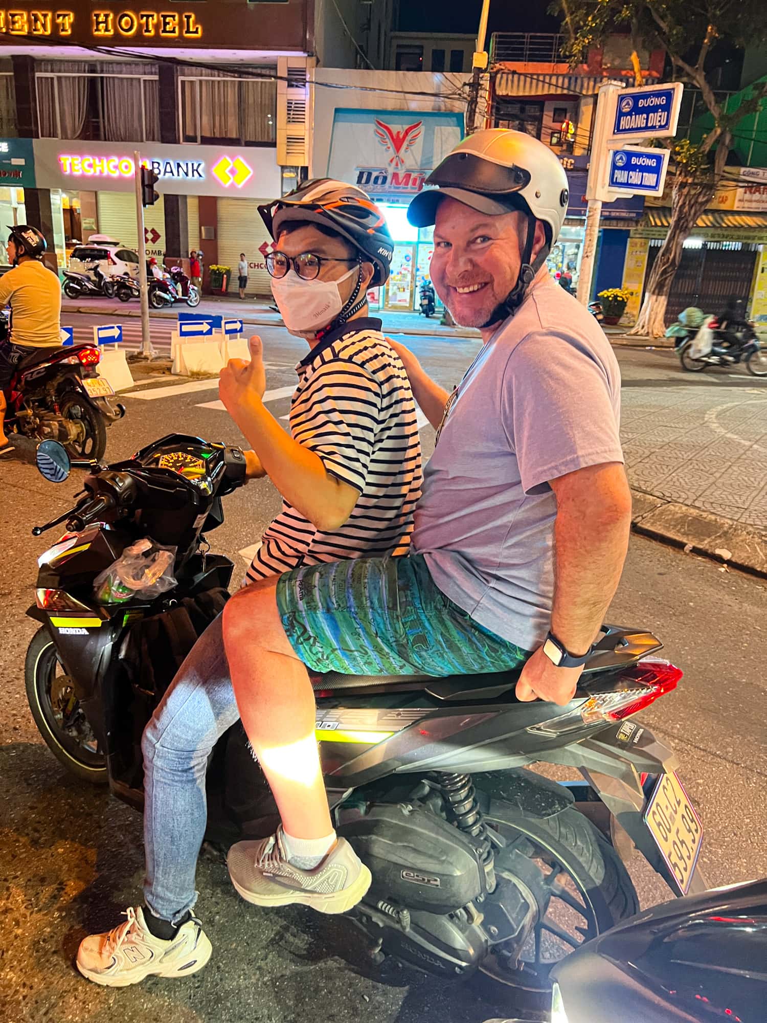 Dave smiles nervously during a Da Nang food tour by motorbike. (Photo by Kelly Lemons)