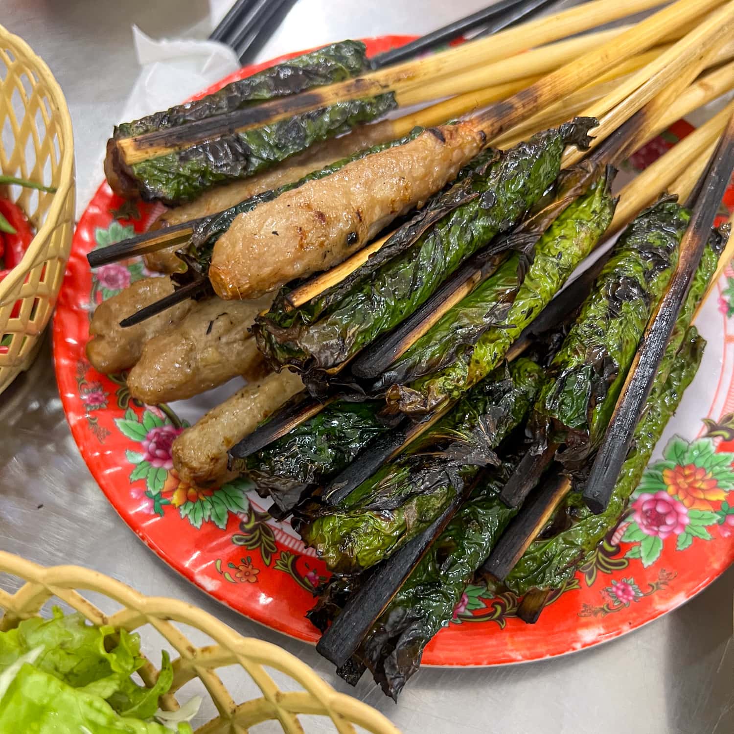 Pork and beef skewers as seen during our Da Nang street food tour by motorbike.