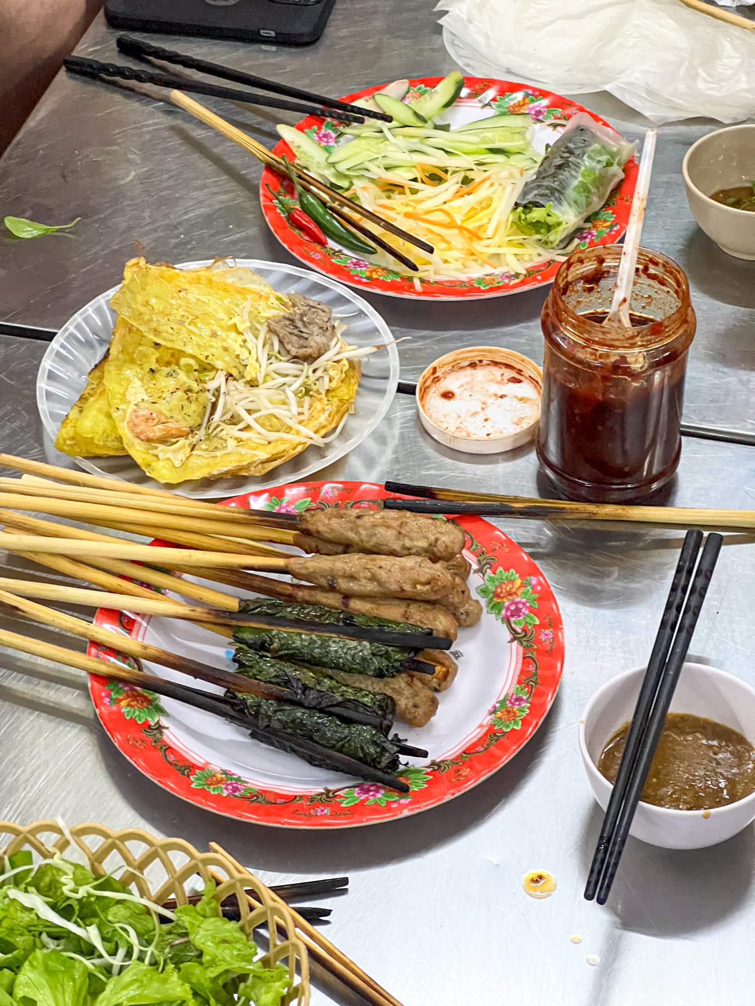 Vietnamese street food: pork and beef skewers