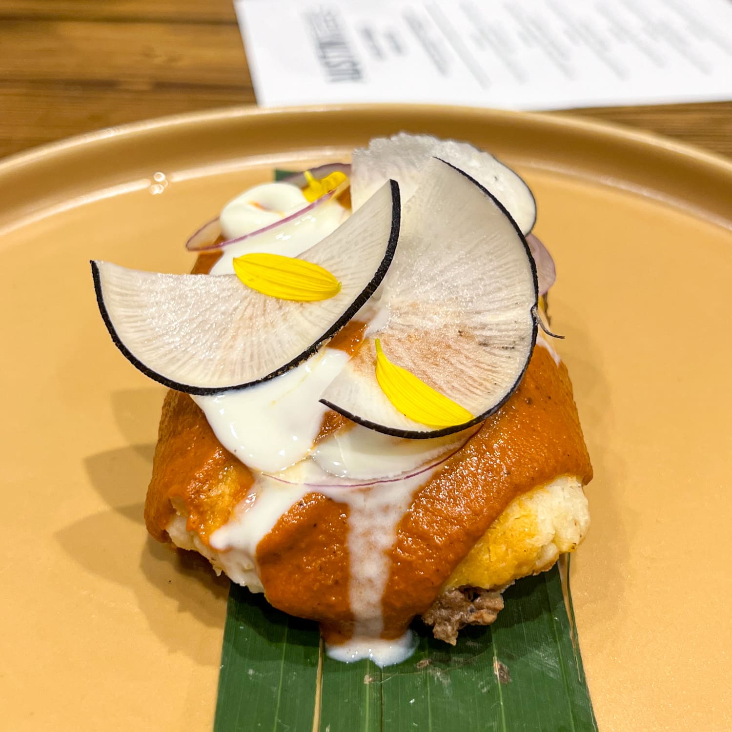 Elk Picadillo Tamal with mole anaranjado at a kick-off dinner for Austin Restaurant Weeks