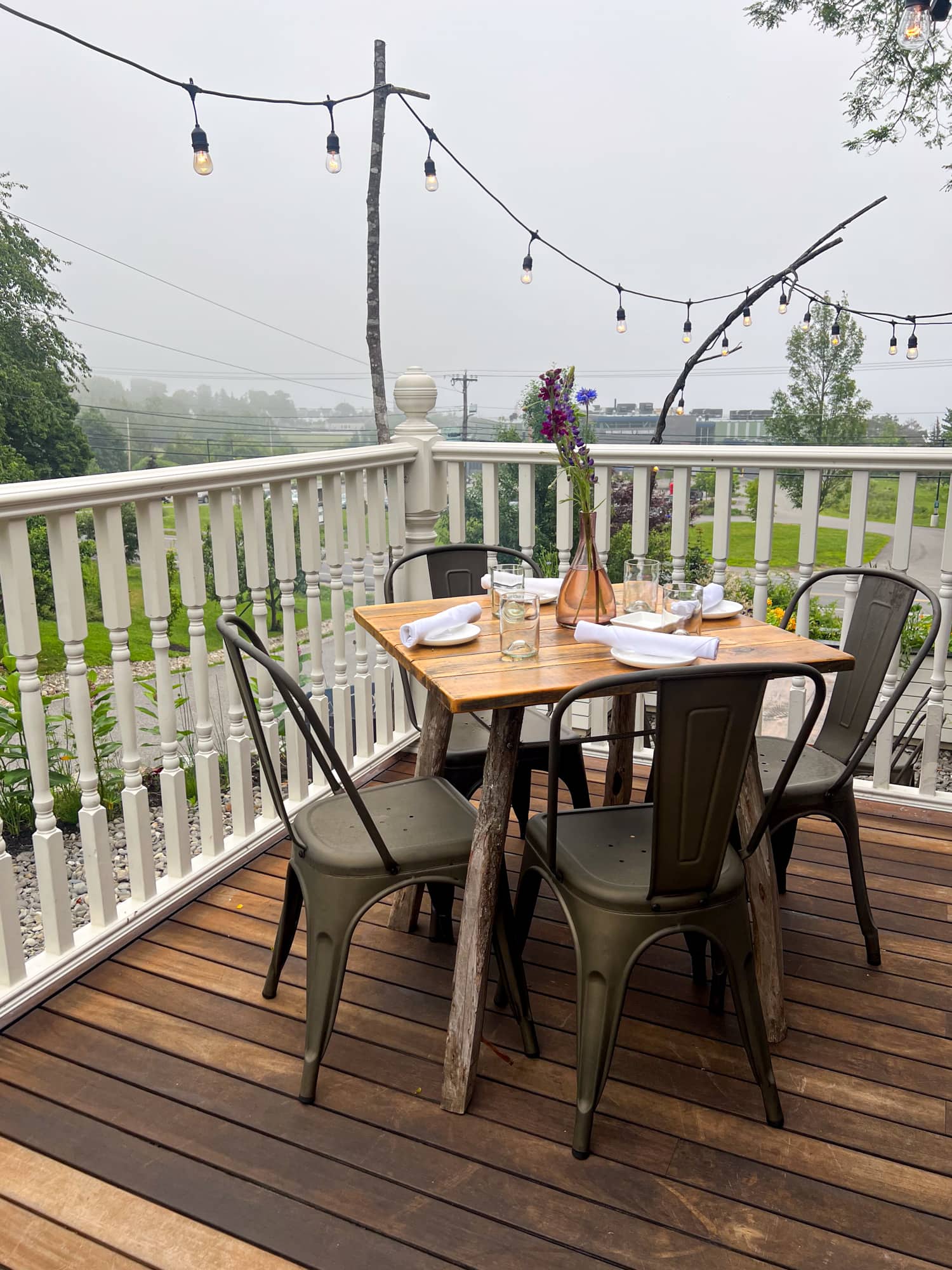 Table on the front porch of Primo Restaurant in Rockland, Maine