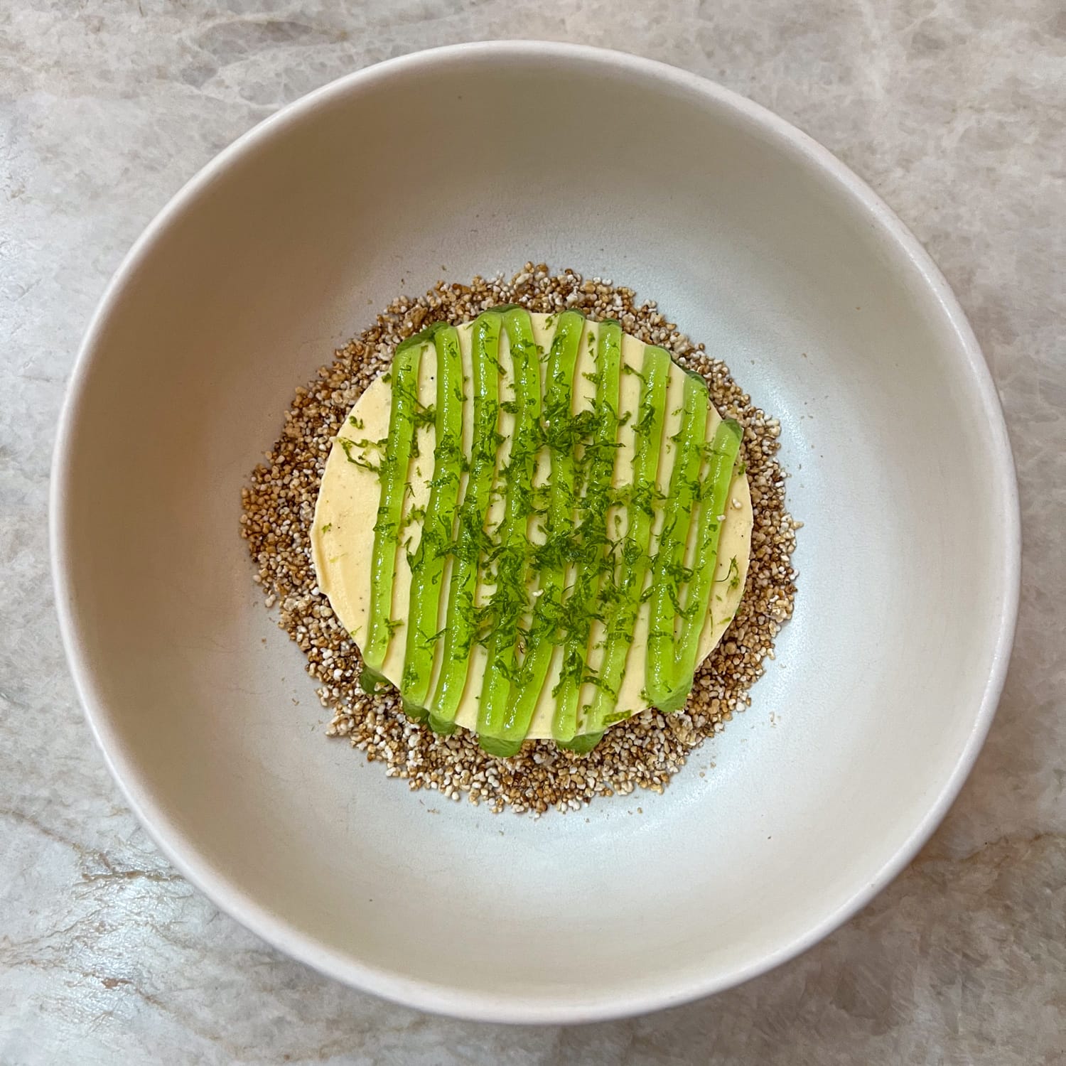 Semifreddo with frozen Oaxacan crema, lime, and puffed amaranth