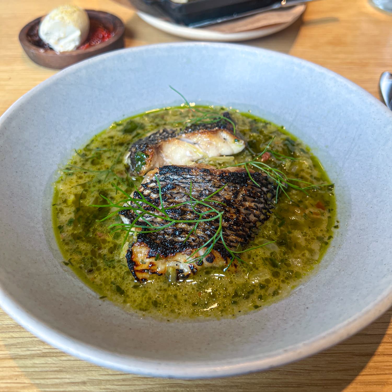 Black sea bass with lovage, fennel, and smoked fumet at Twelve in Portland, Maine