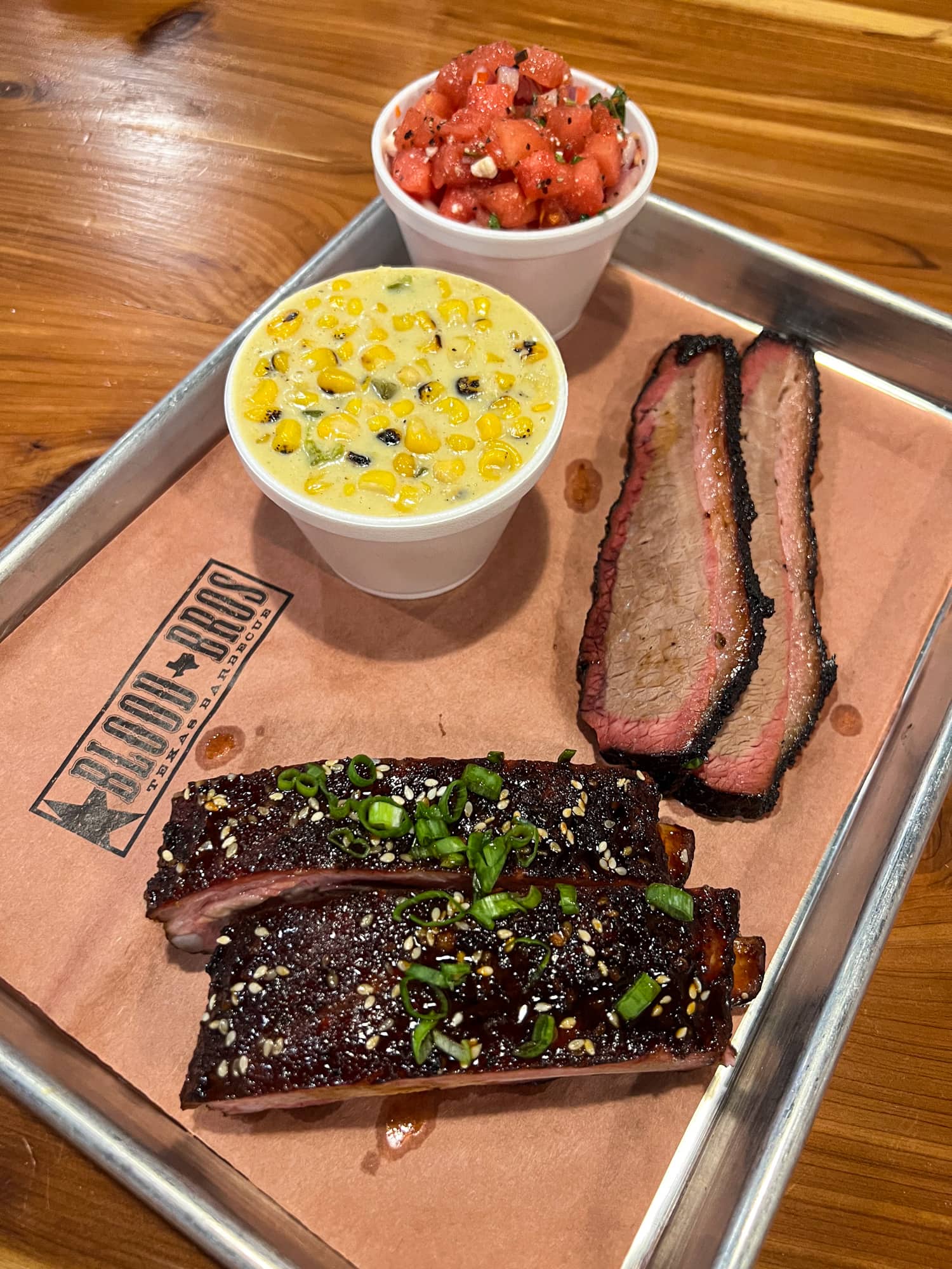 Gochujang glazed pork ribs, brisket, and sides