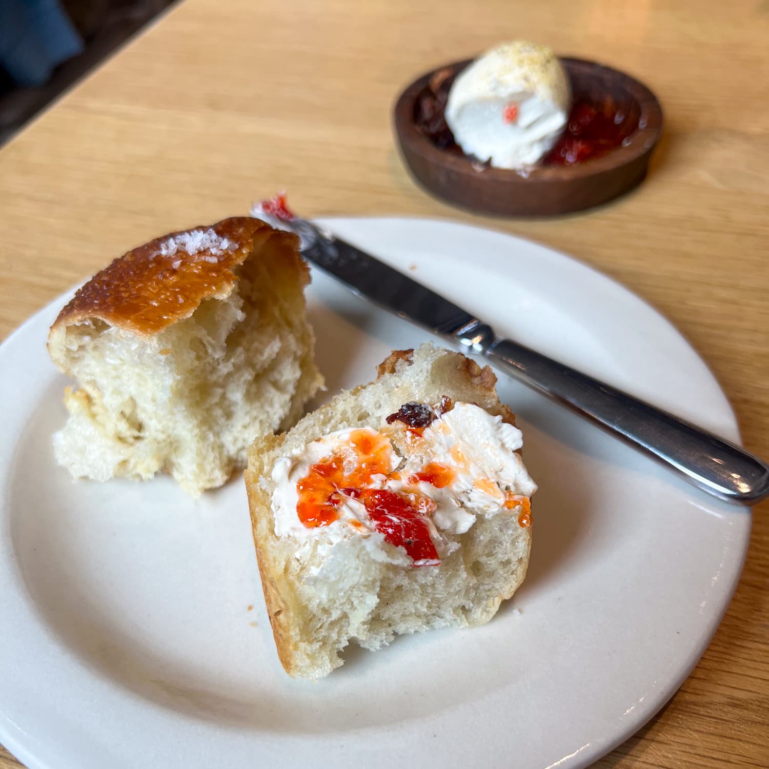 Dinner rolls with grilled butter and red pepper jam