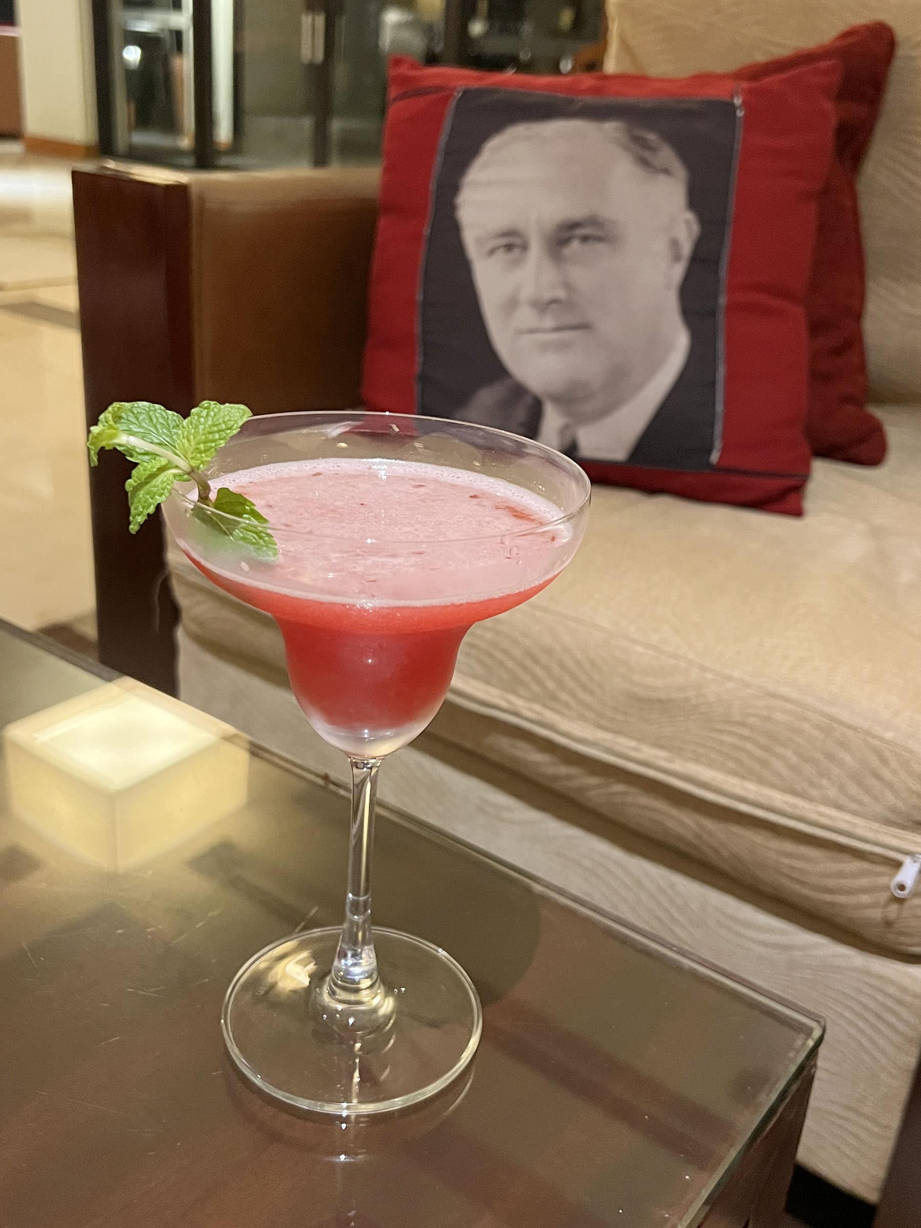 Cocktail w/FDR pillow (photo by Kelly Lemons)