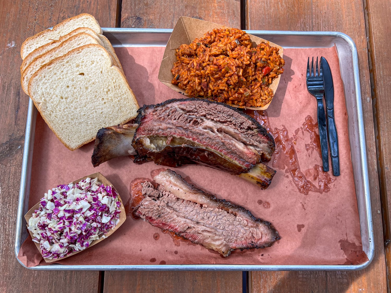 Beef rib, brisket, and sides at Pinkerton's, one of the best BBQ restaurants in San Antonio