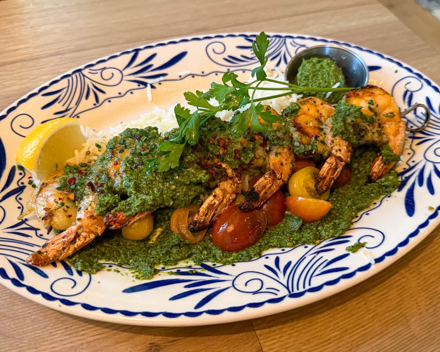 Grilled Oishii shrimp with green sauce at Ema restaurant at The Domain in Austin