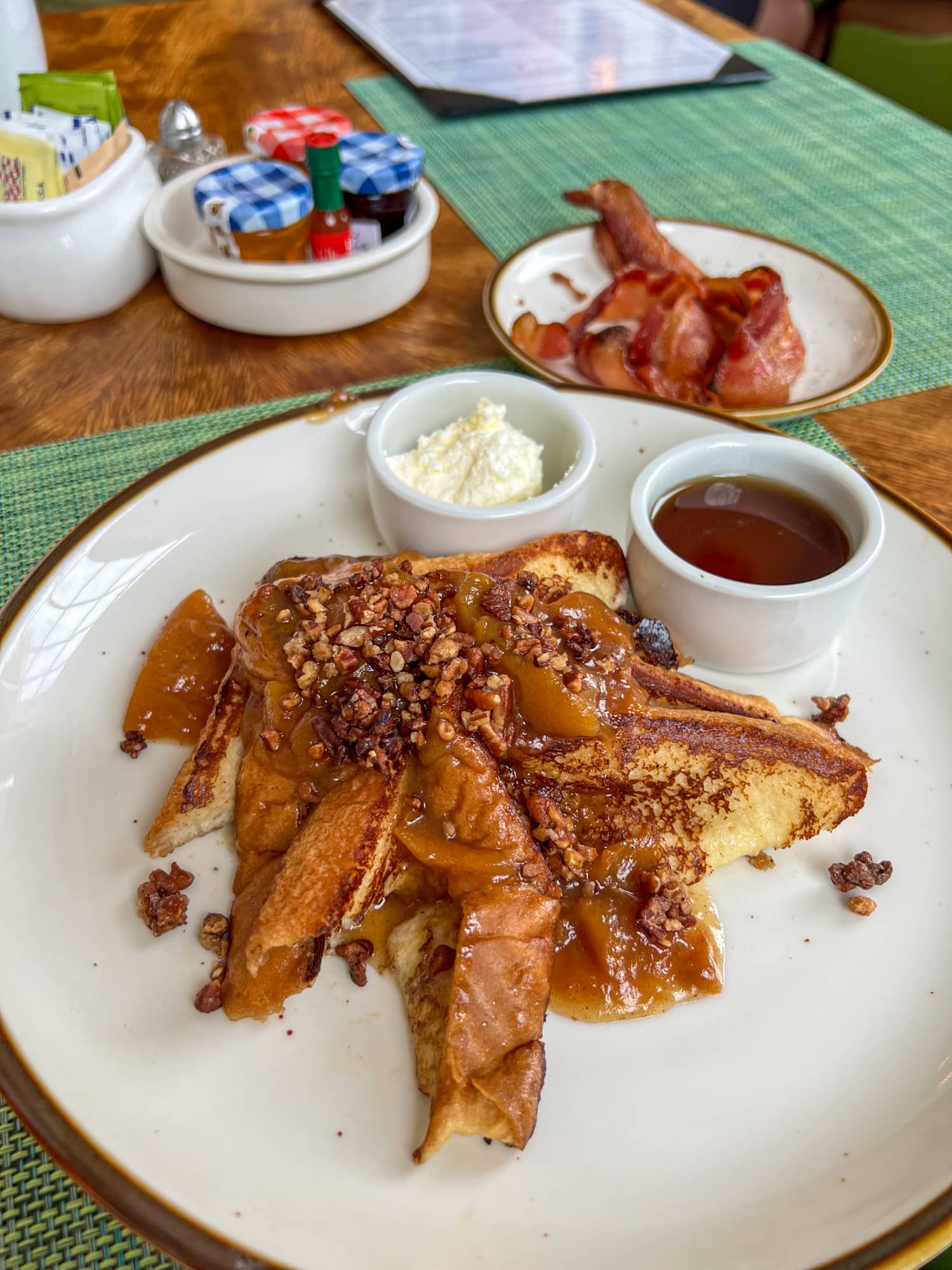 French toast with peach preserves and a side of bacon