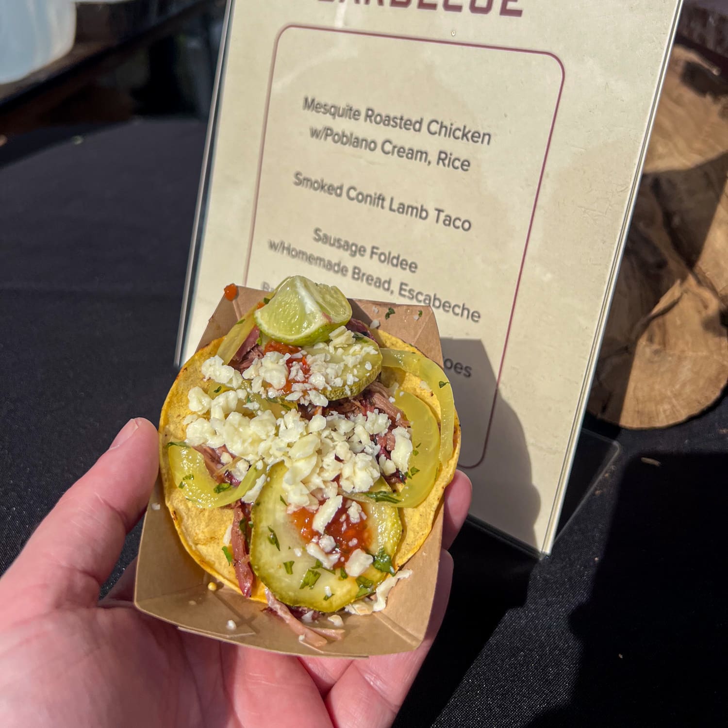 Micklethwait BBQ's smoked confit lamb taco at the Texas Monthly BBQ Fest