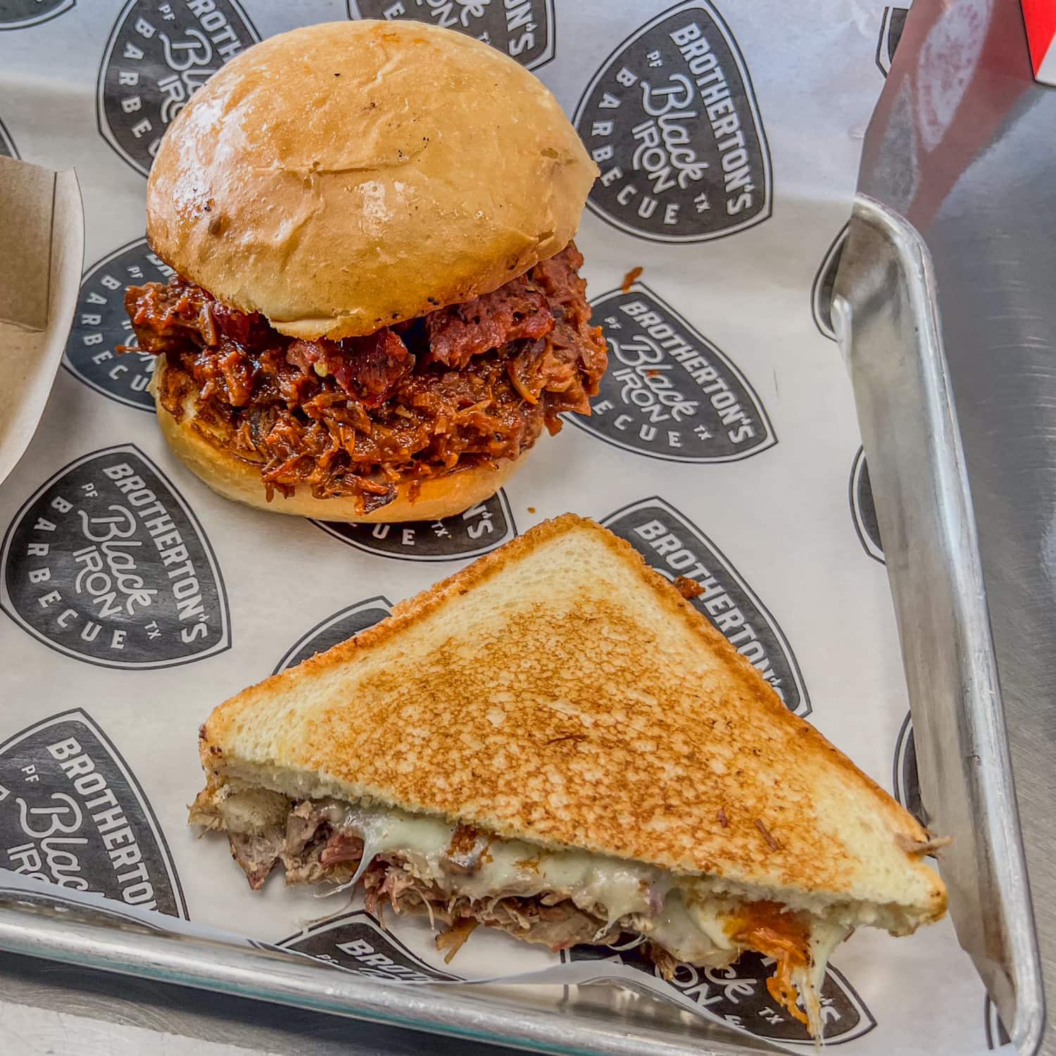 The Mel-Man (brisket, sausage) and grilled cheese with brisket sandwiches at Brotherton's Black Iron Barbecue