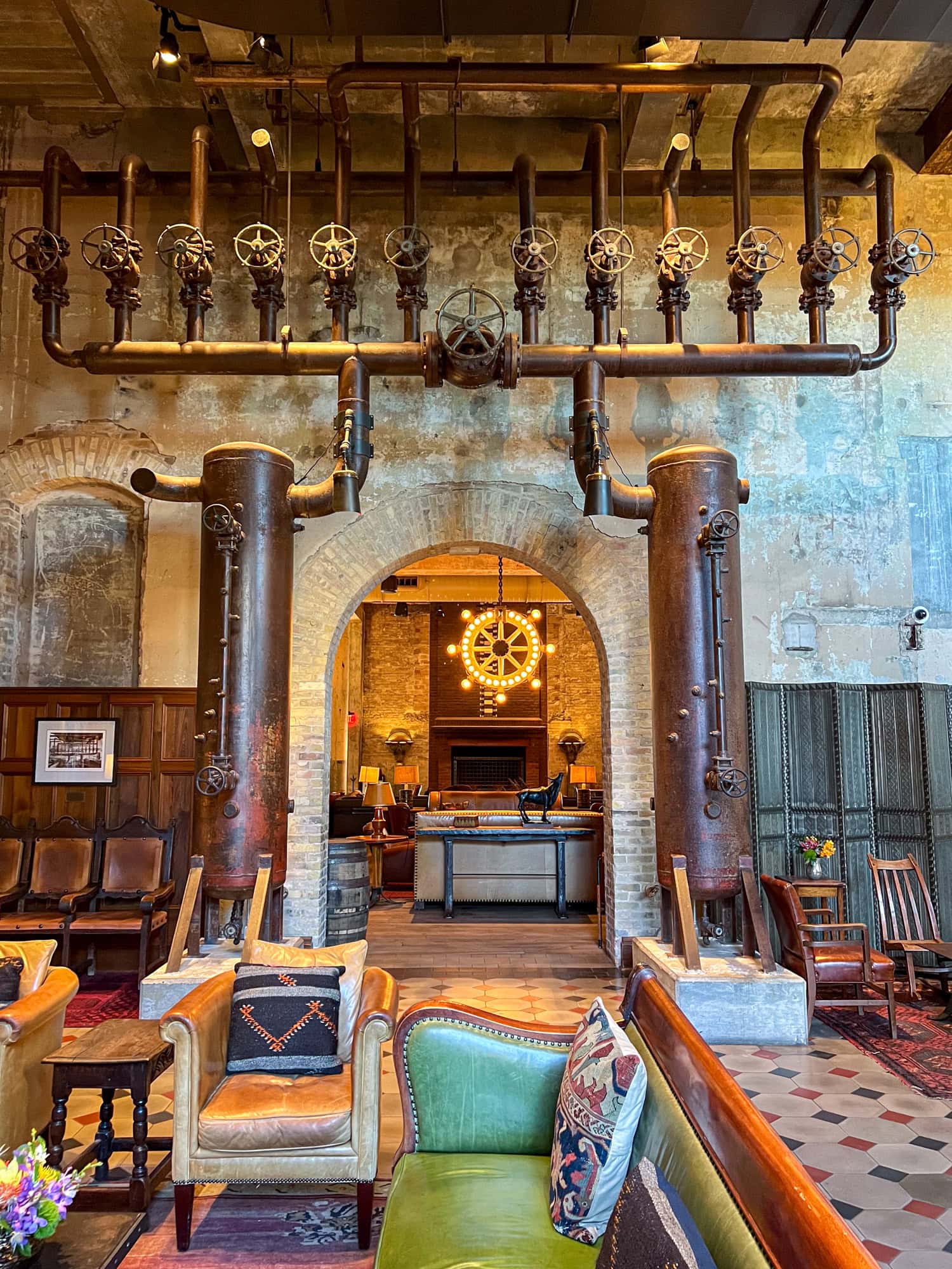 Brewery machinery used to add carbon dioxide to beer frames the entrance to Sternewirth bar.