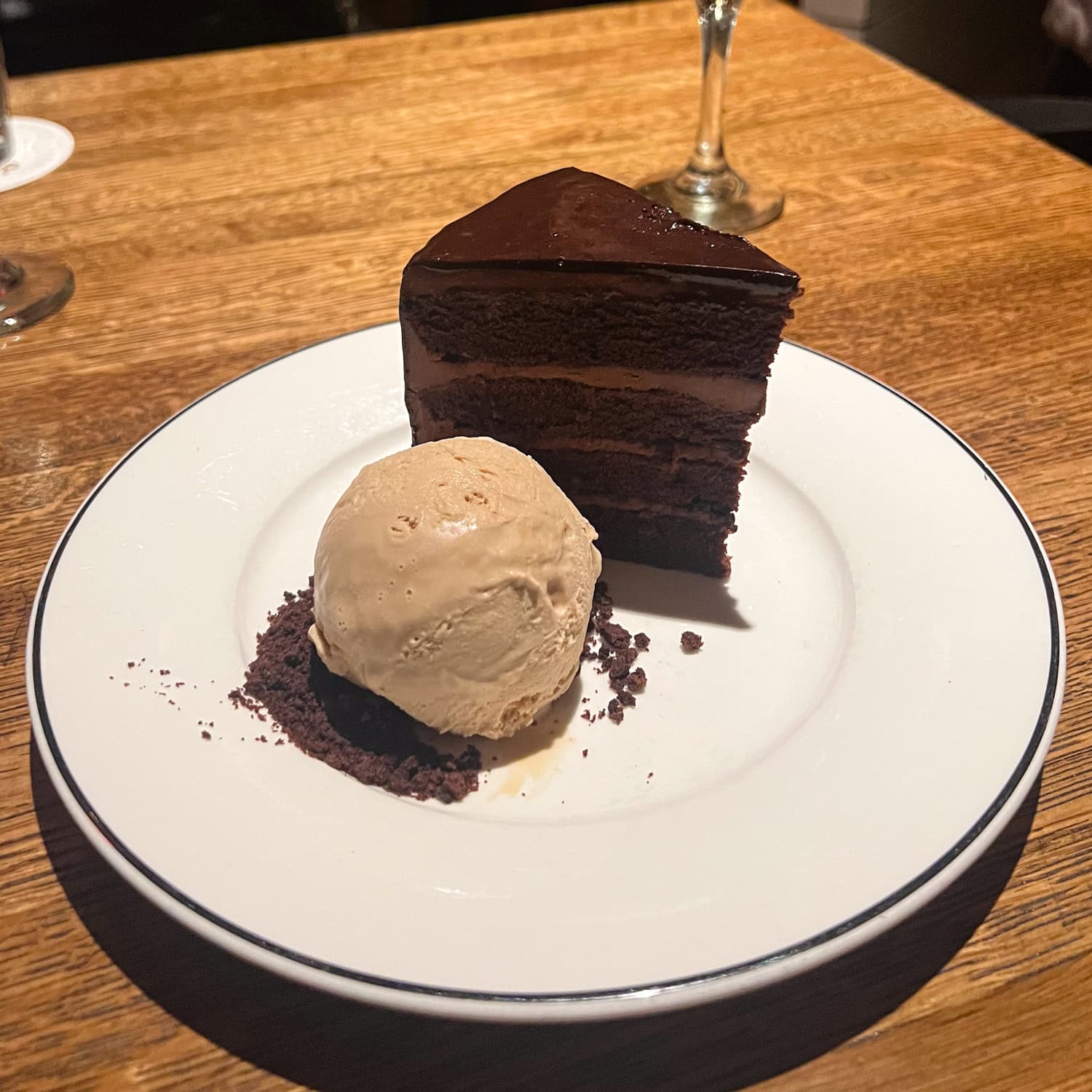7-layer chocolate cake with coffee ice cream.