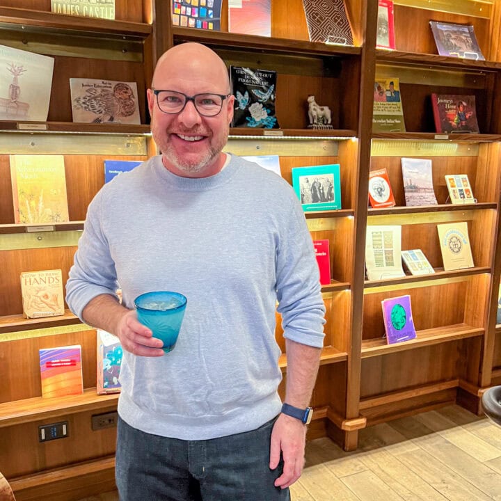 Dave with La Babia margarita in the Hotel Emma library.