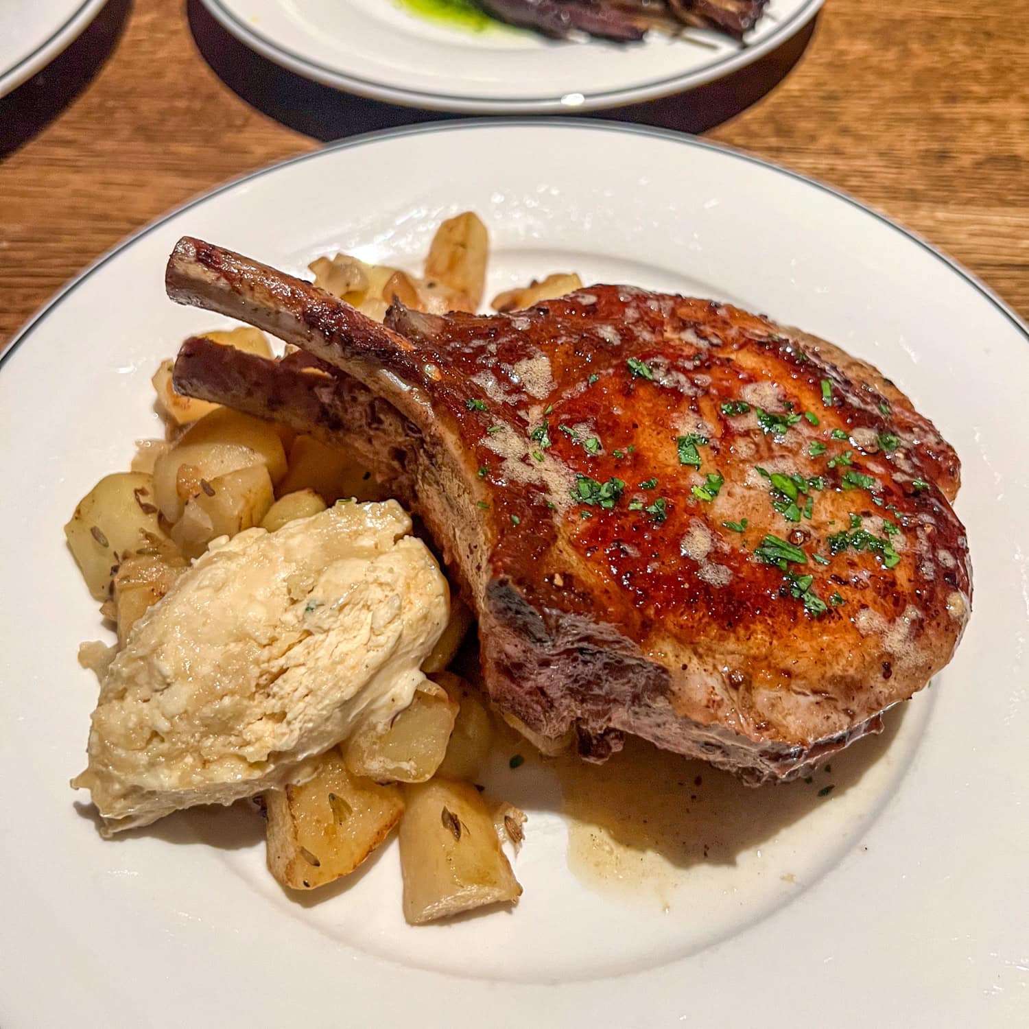 Double bone pork chop with apple, pear, and maple butter.