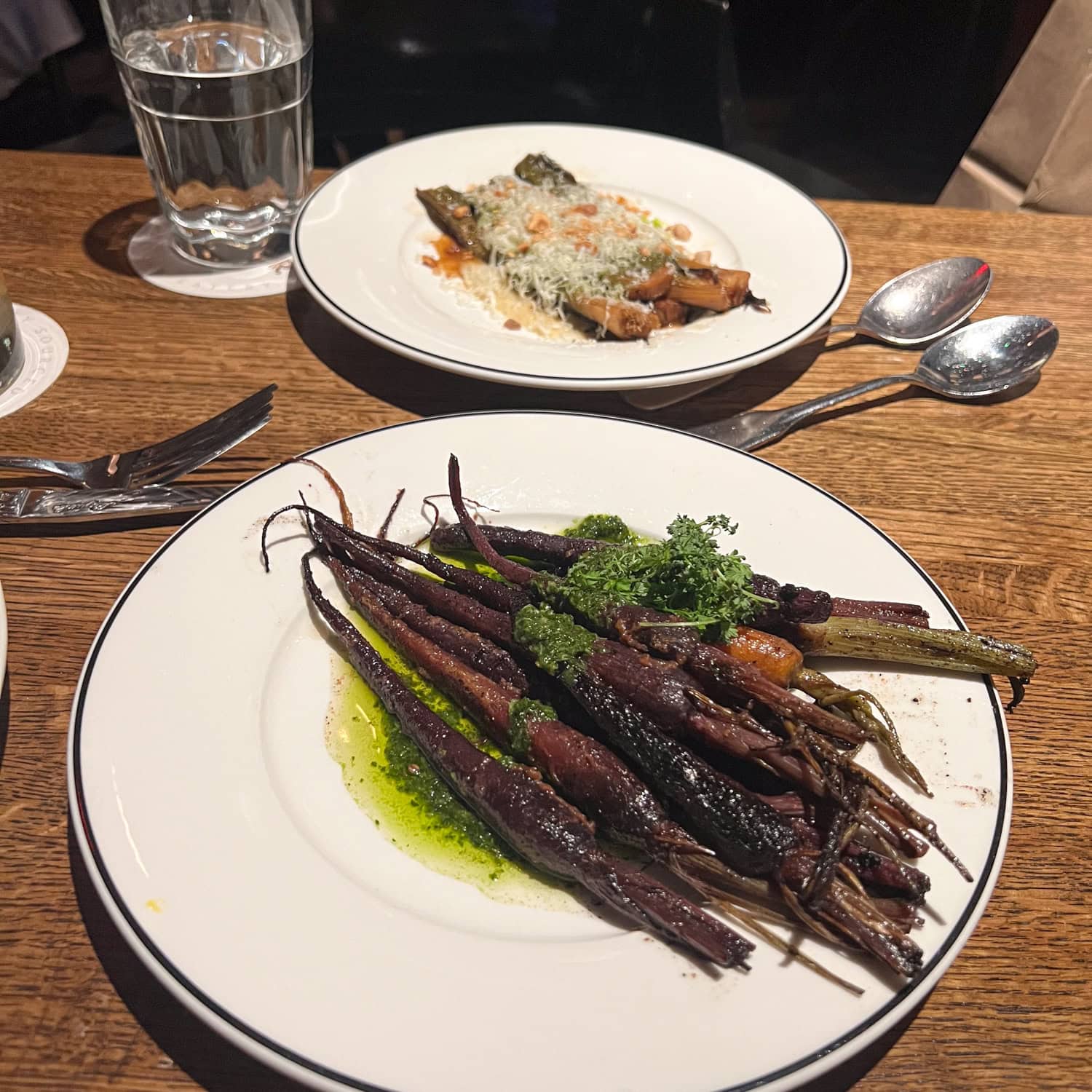 Roasted baby carrots and leeks.