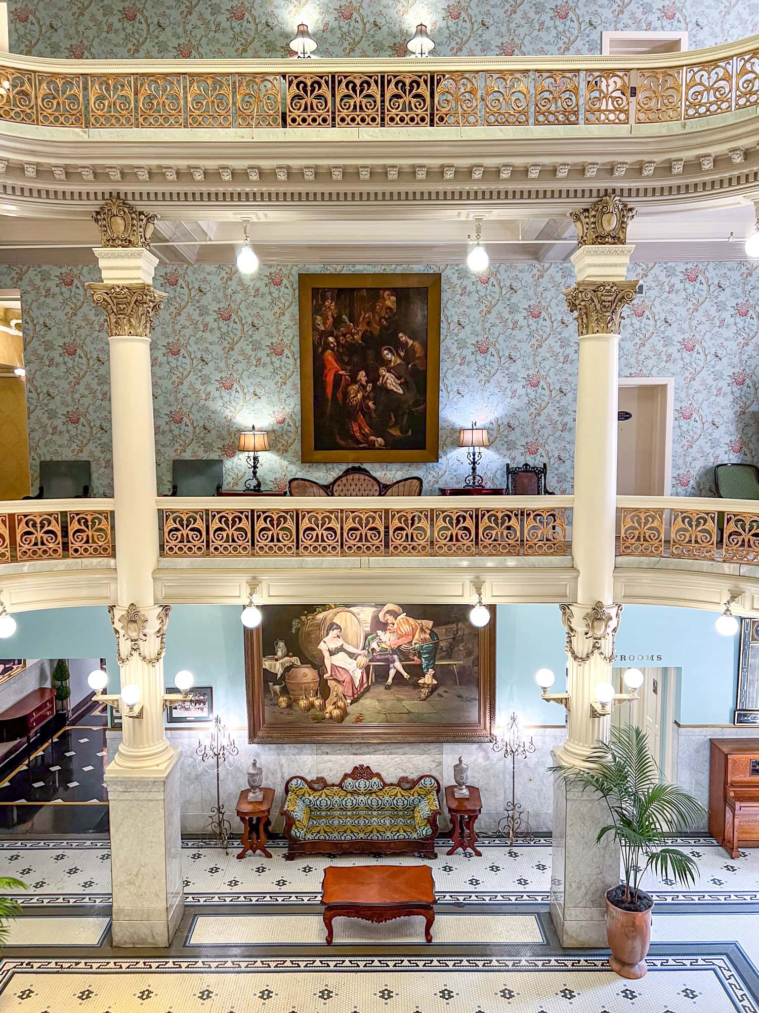The south lobby at the historic Menger Hotel in San Antonio, TX.