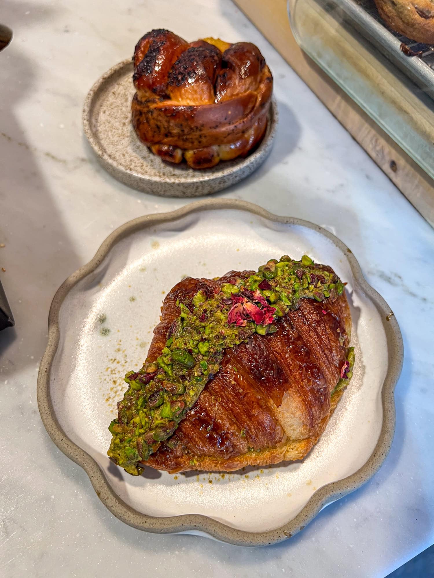 Pistachio rose croissant at Librae Bakery in New York City's East Village.