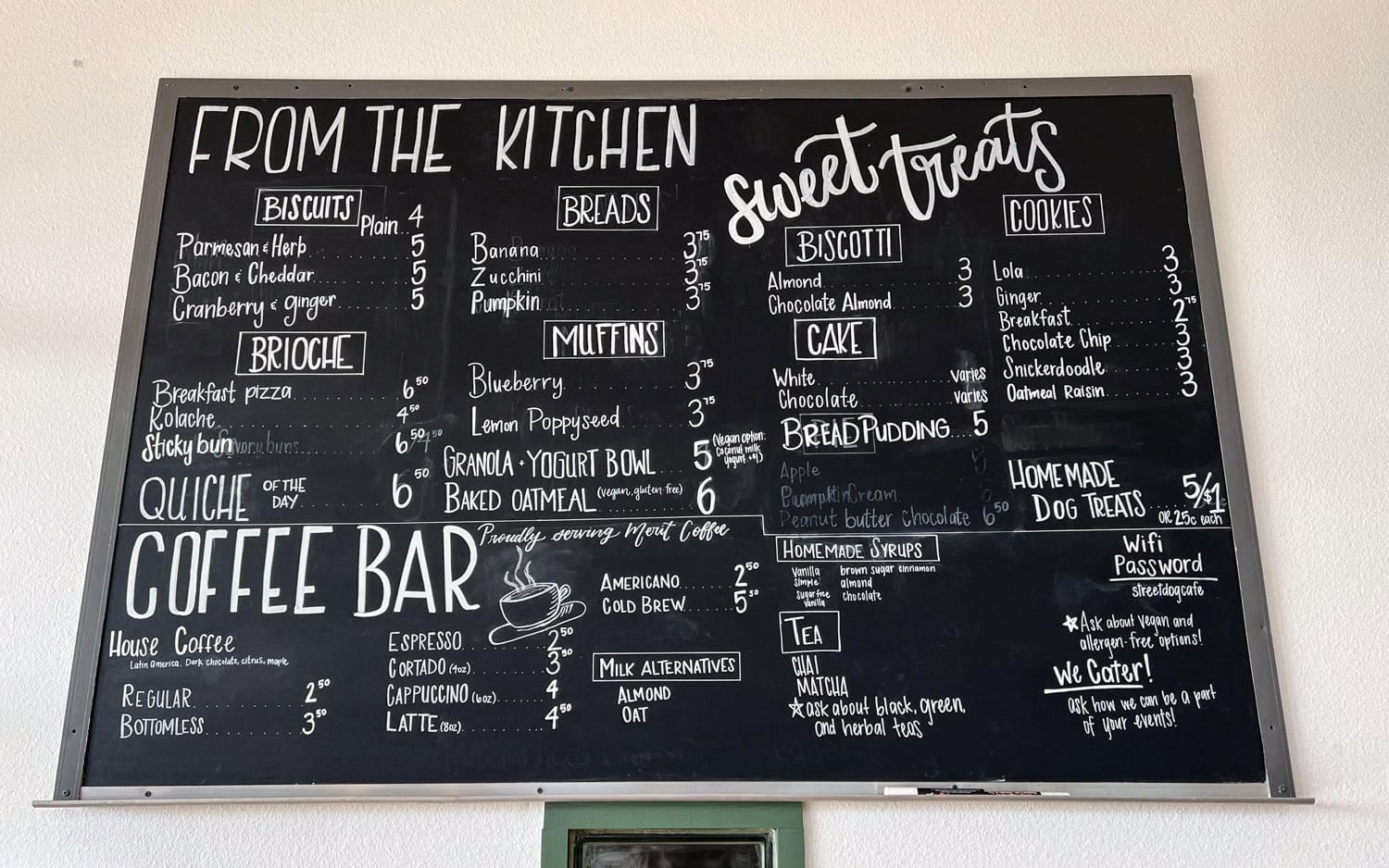 Chalkboard menu at Street Dog Cafe in East Waco, TX.