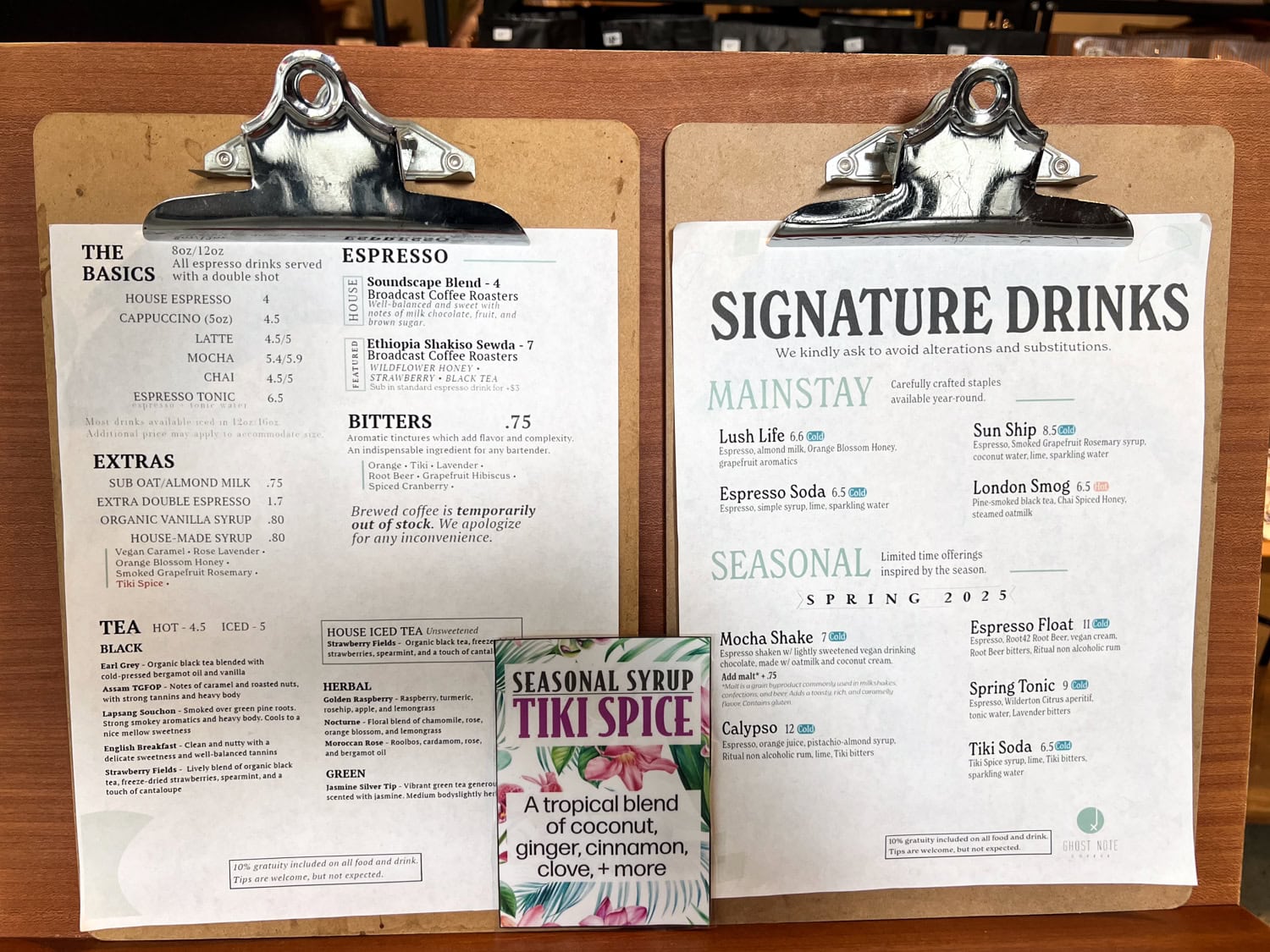 Ghost Note Coffee menu.