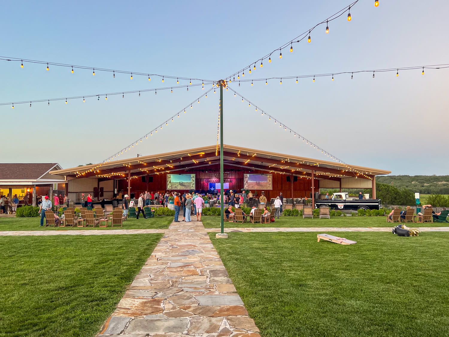 The Pavilion and lawn at dusk.