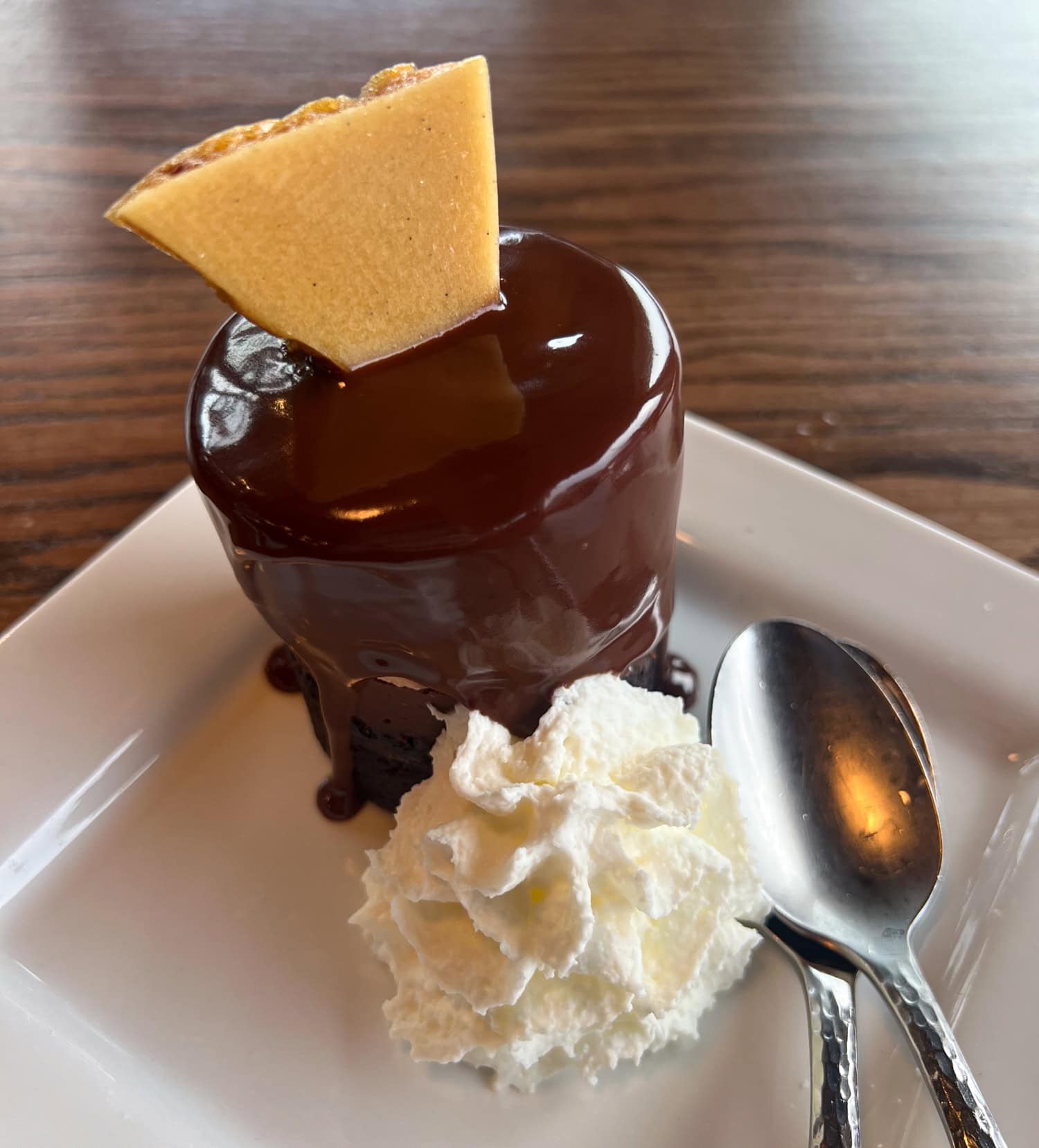 The signature Haystack Heaven chocolate cake with toffee and whipped cream.