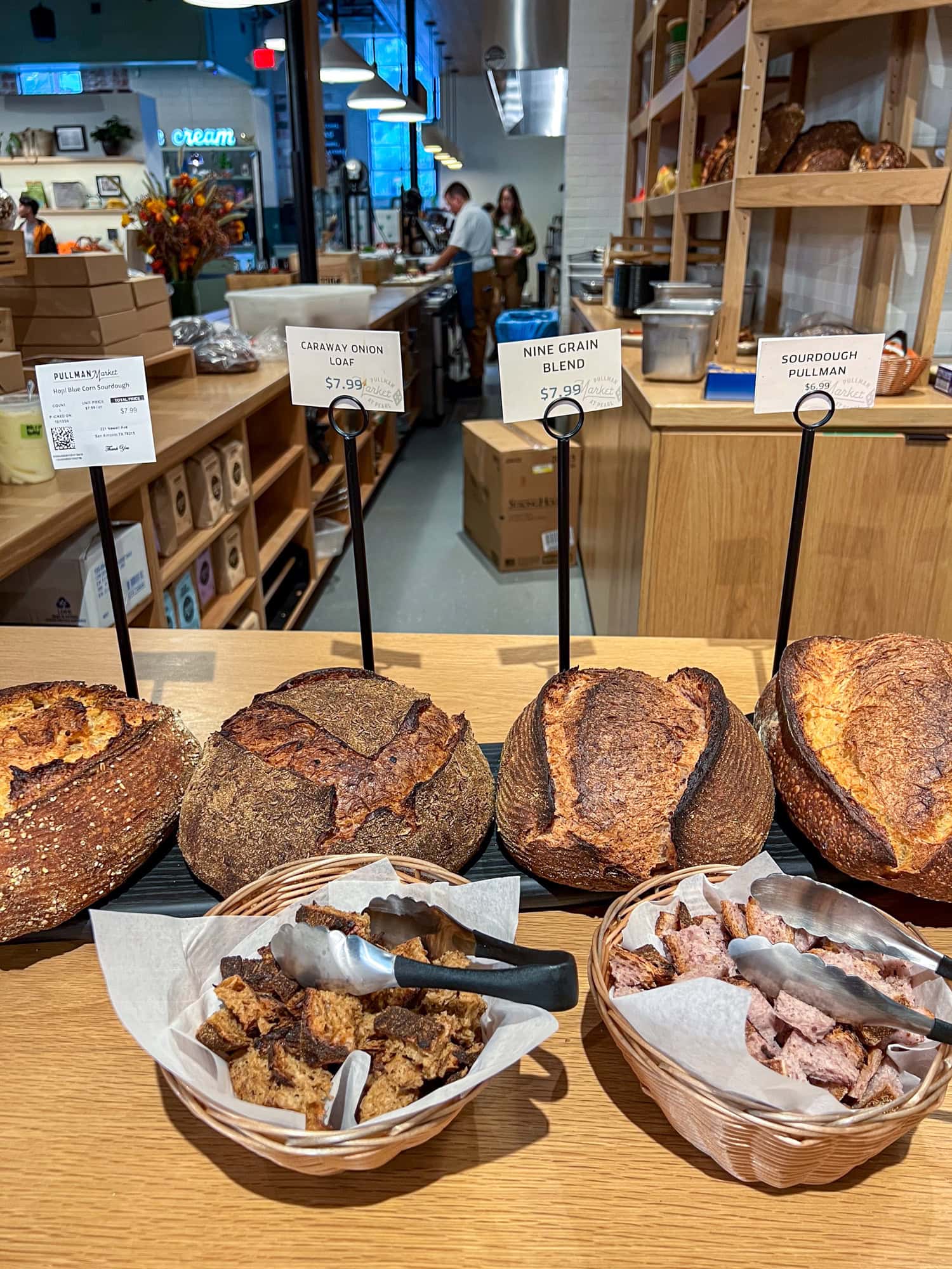 Fresh-baked bread with chopped up samples.