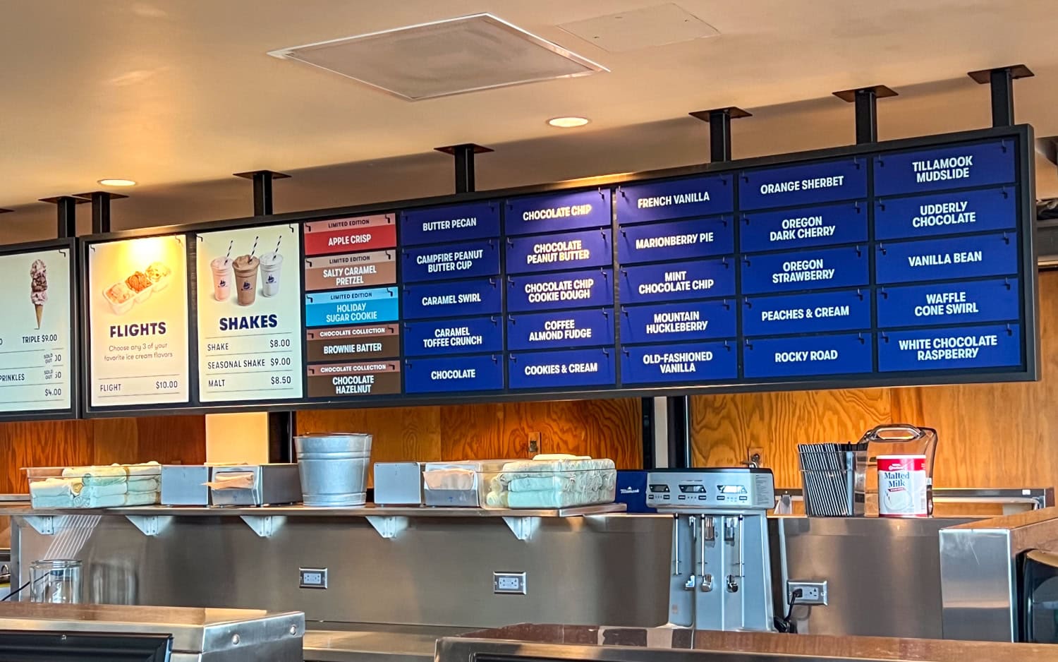 The menu of standard and limited edition ice cream flavors.