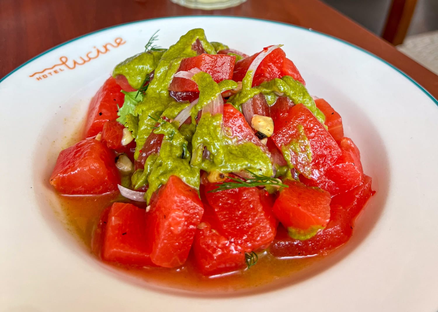 Marinated watermelon with corn, chiles, and mint chutney at The Fancy in Hotel Lucine.