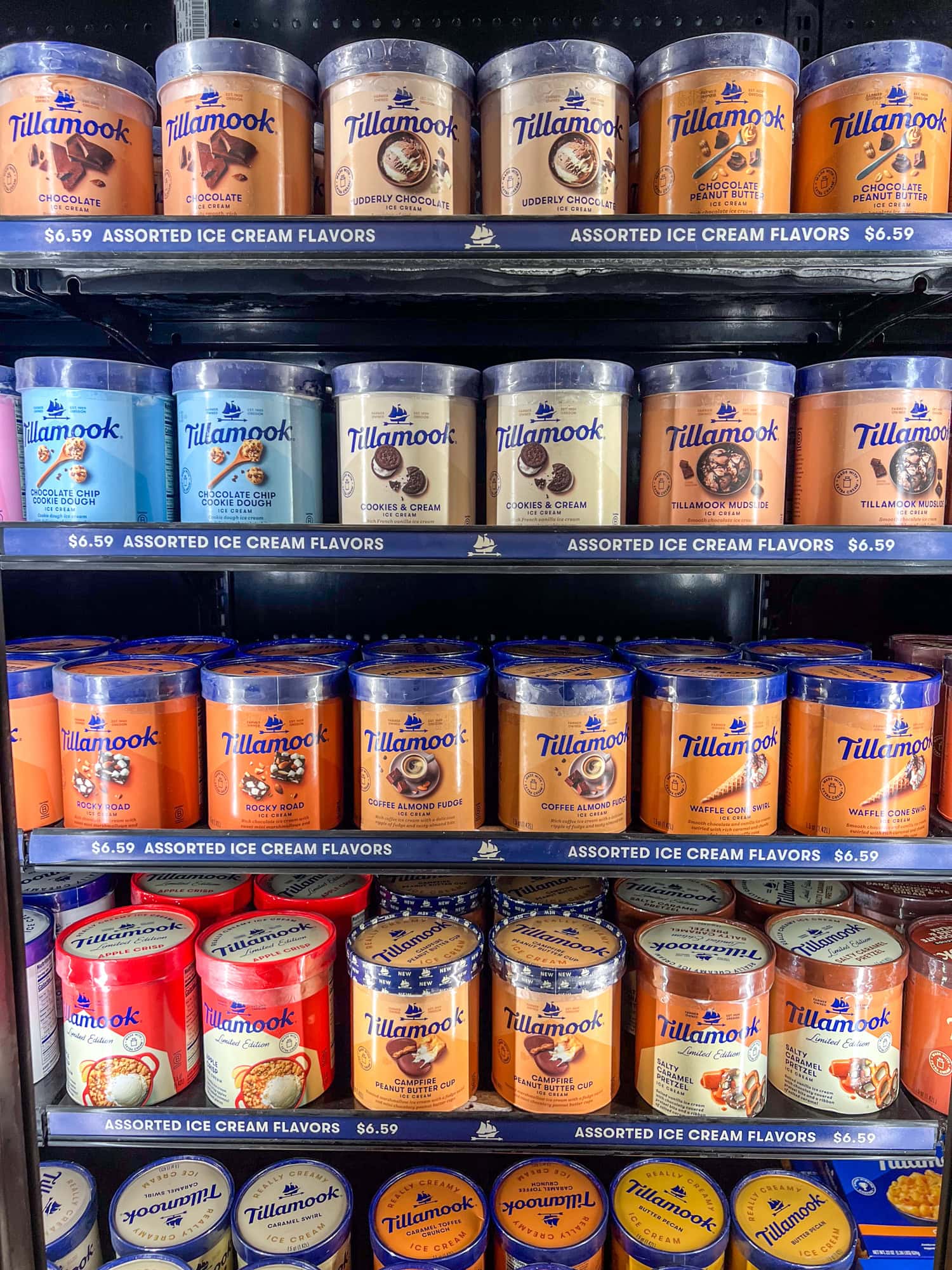 Various Tillamook ice cream flavors by the half-gallon.