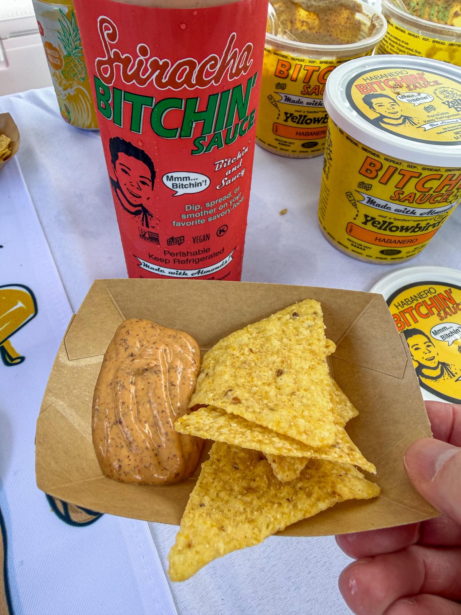 Bitchin' Sauce's sriracha and tortilla chips.