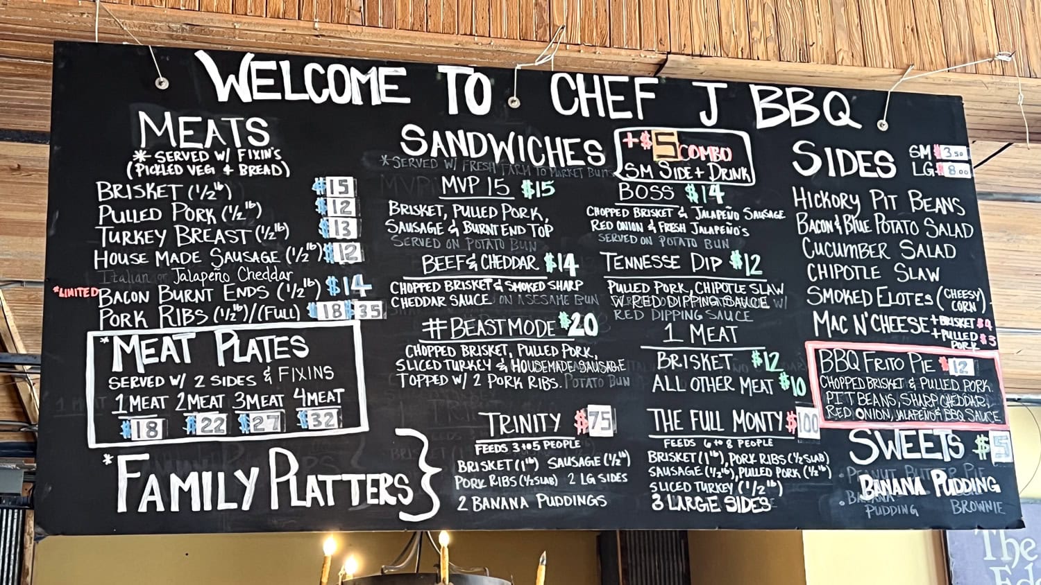 The chalkboard menu at Chef J BBQ in Kansas City.