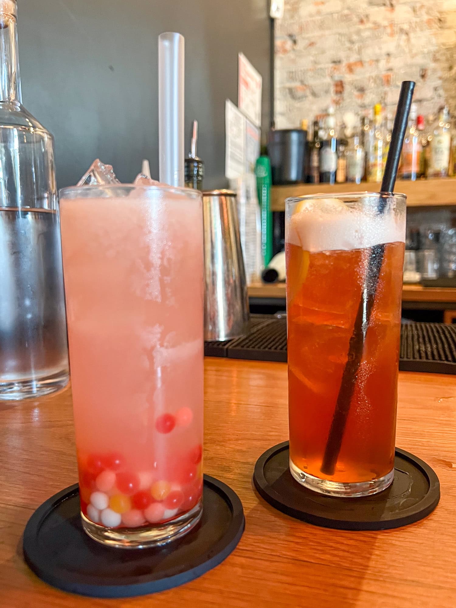 Bubble Gum (left) and Victory Lap cocktails at Mean Mule Distilling Co.