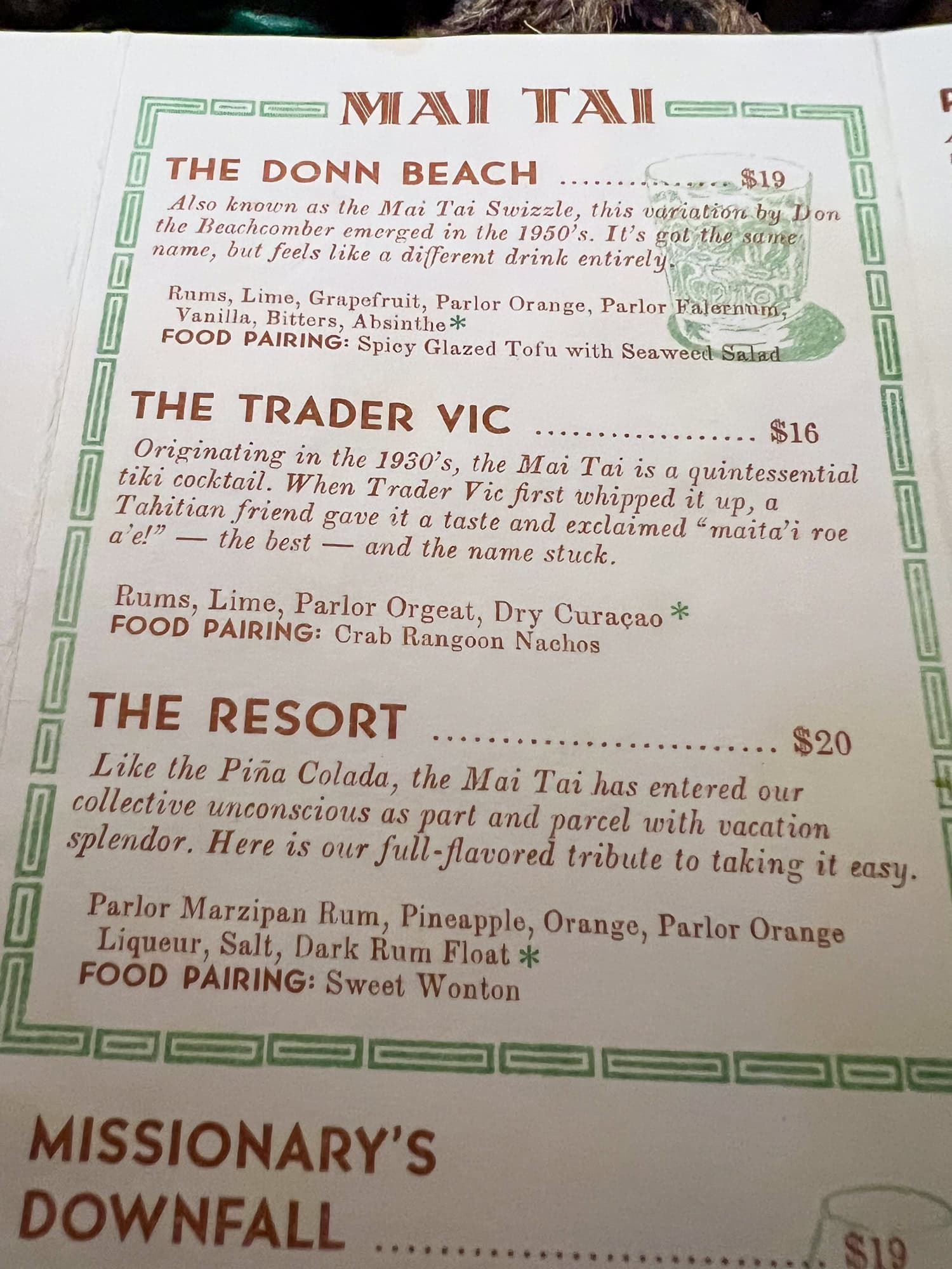 Pineapple Parlor's Mai Tai menu.