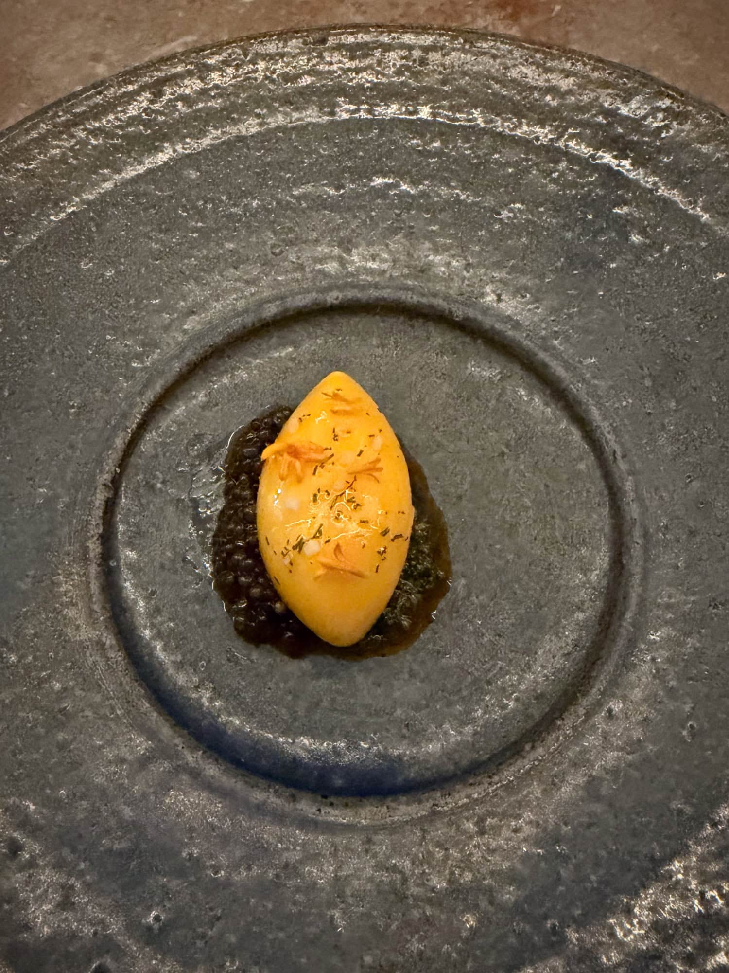 Crab omelette, Kaluga caviar, and chermoula at Catbird Seat, one of Nashville's Michelin Star restaurants.