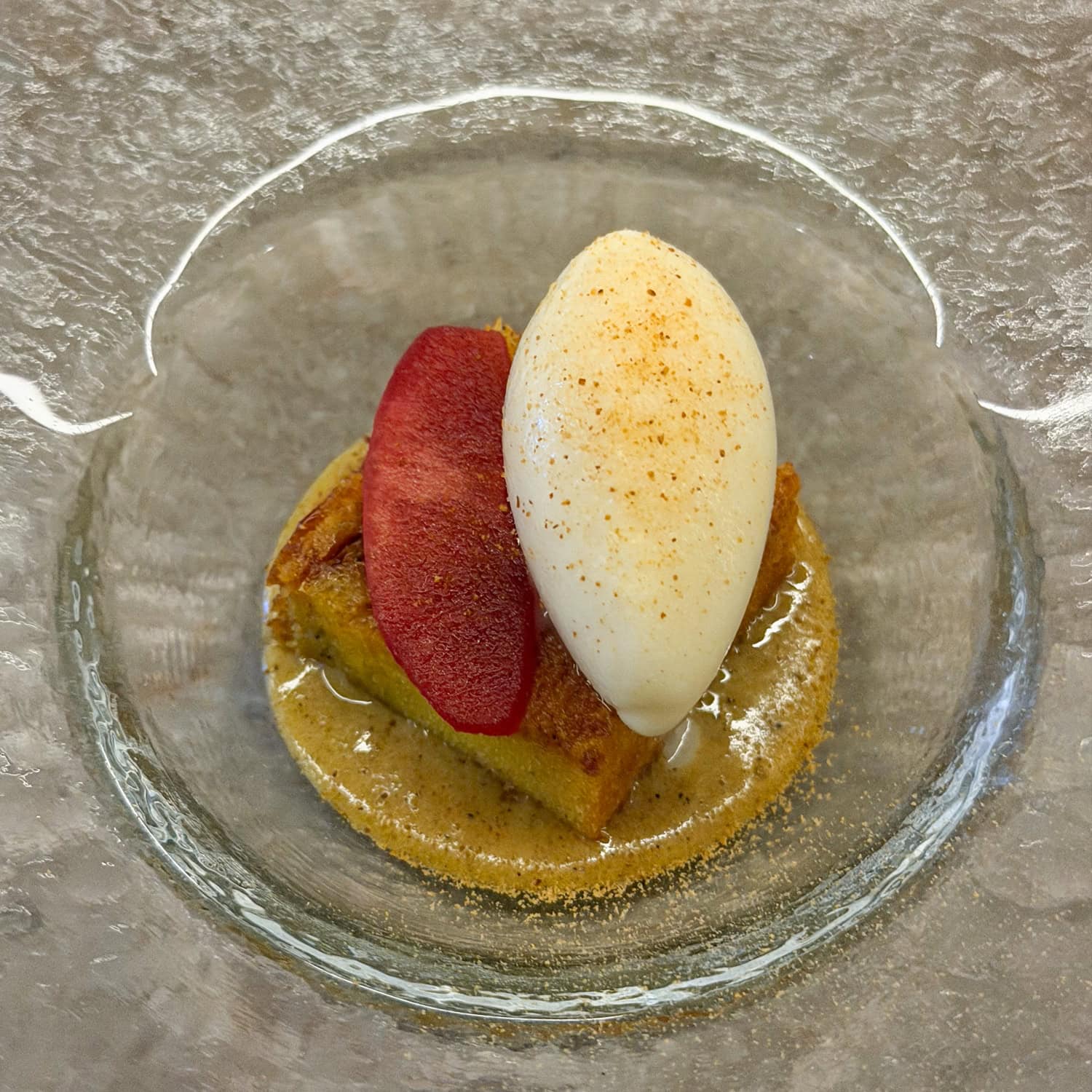 Mesquite fruit, squash, mochi, and apple dessert at The Catbird Seat.
