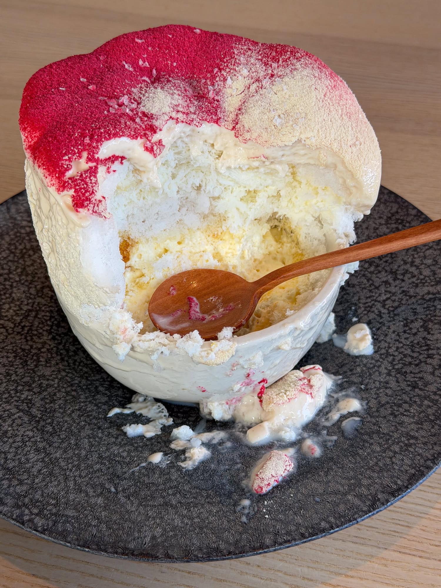 Tea, ice, raspberry, and honeycomb kakigori at Locust restaurant.