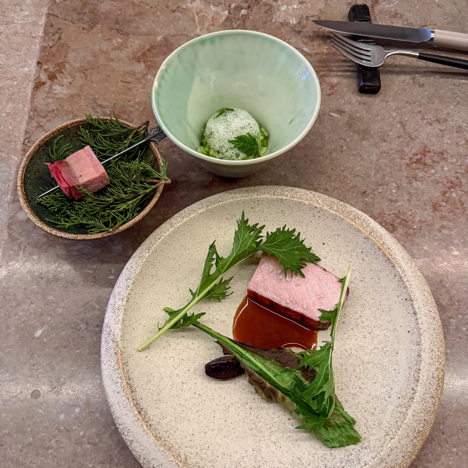 Pork belly and pork loin served together at The Catbird Seat.