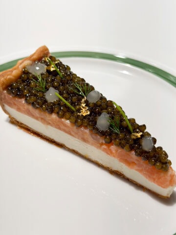 Smoked salmon cheesecake with caviar.