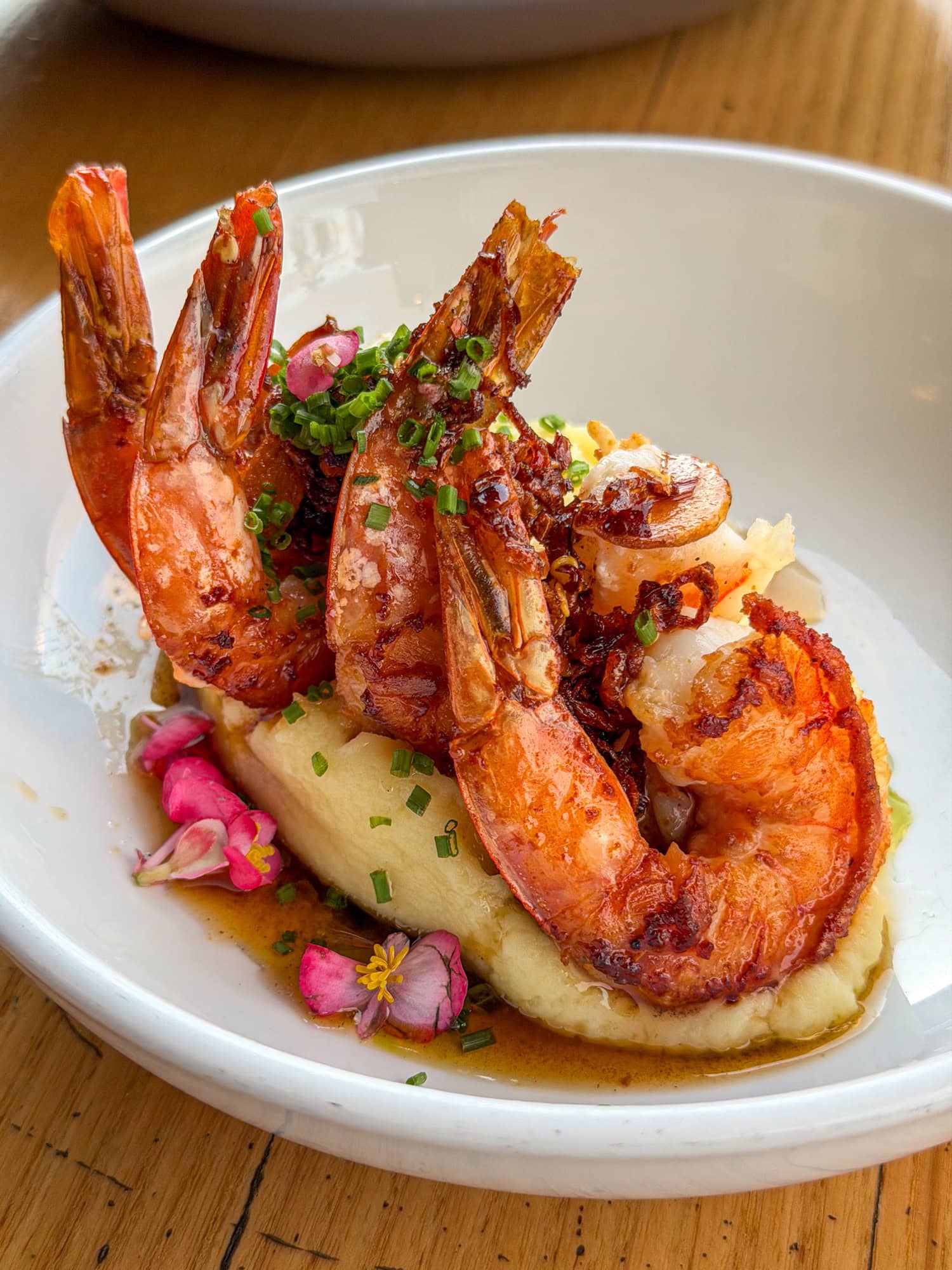 Seared Kauai shrimp with Yukon gold mashed potatoes at Bar Acuda in Hanalei