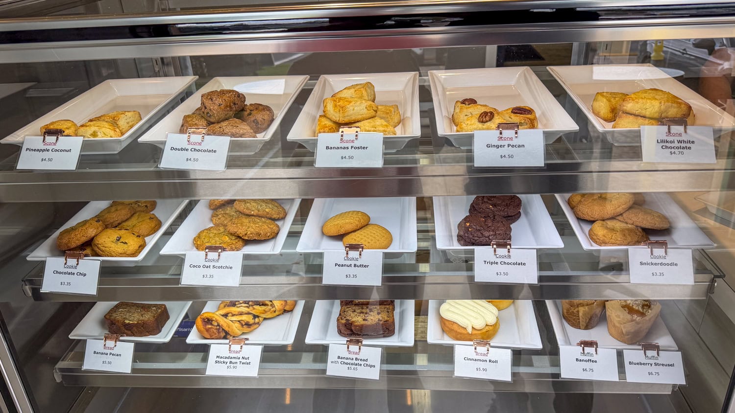 pastry display case at Ko Bakery in Lihue Kauai with scones cookies and baked goods