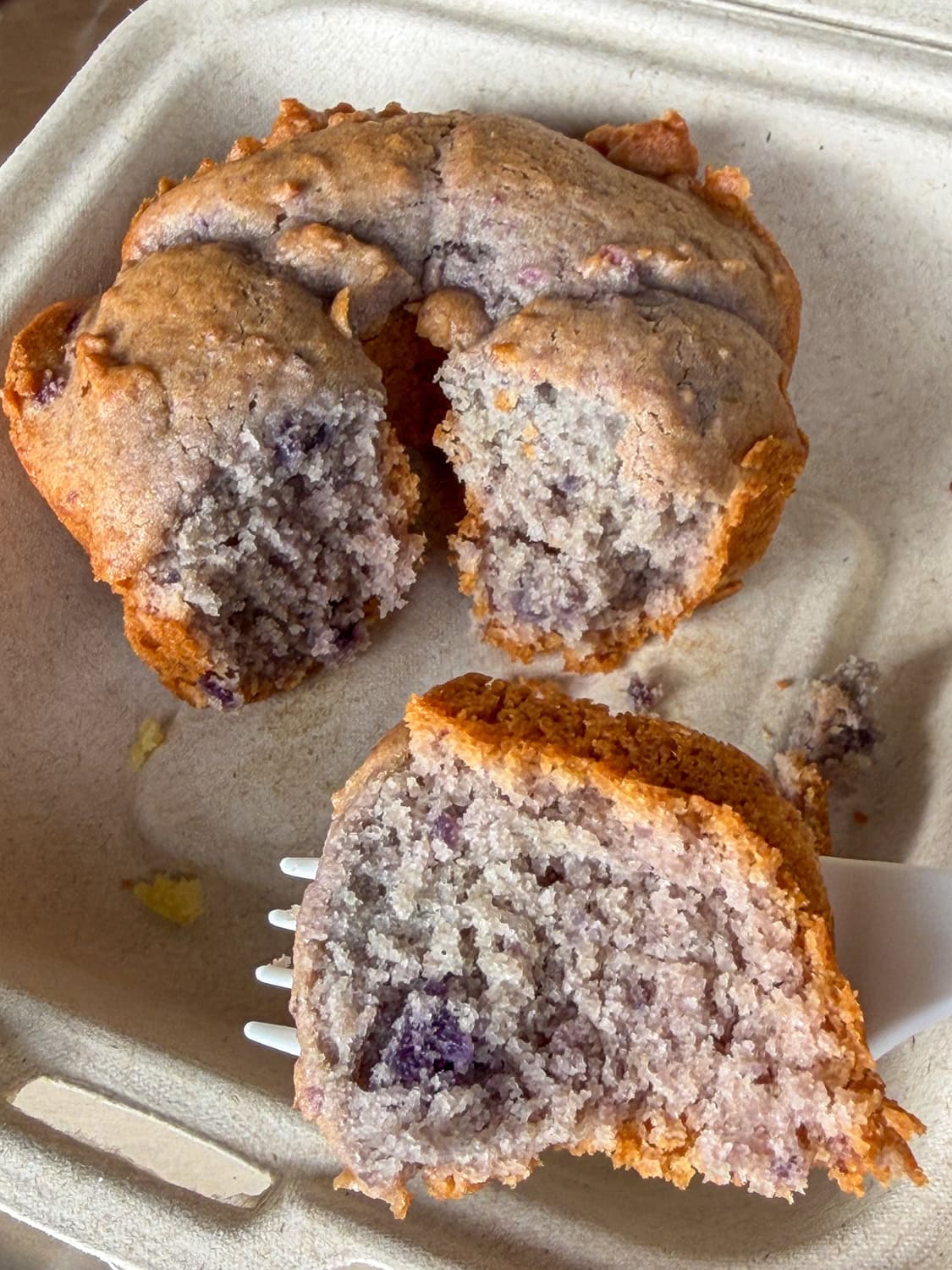 Okinawan sweet potato bundt cake cut open from Ko Bakery in Lihue Kauai showing purple interior