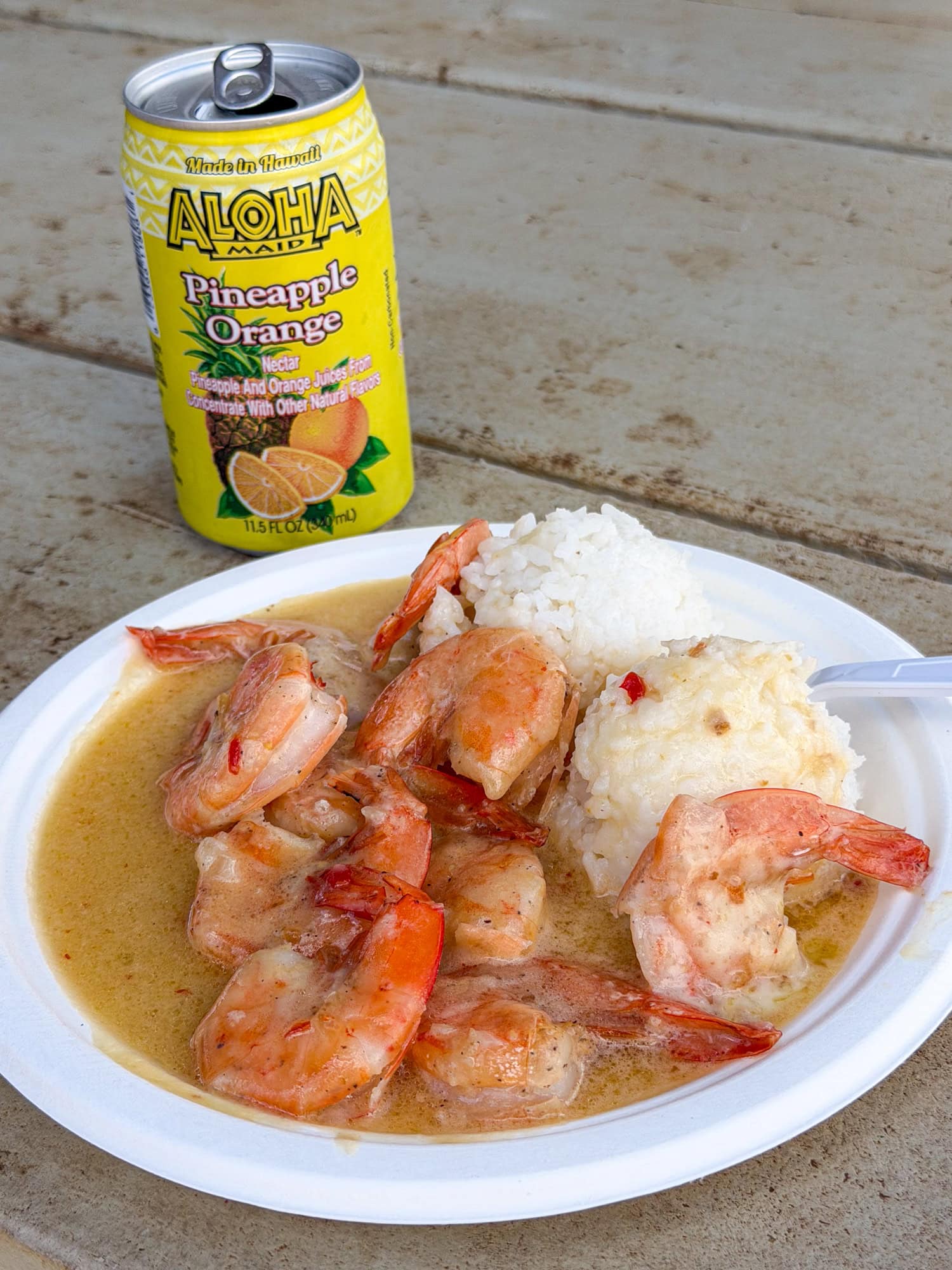 Garlic shrimp and white rice at Shrimp Station in Waimea, Kauai