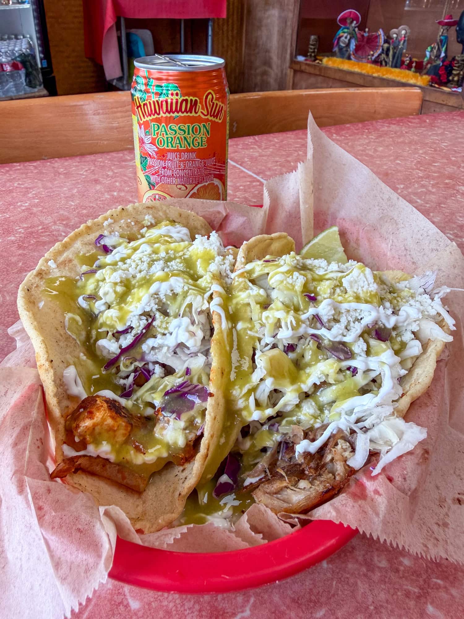 Roasted Mayan ono fish taco and kalua pork taco at Tiki Tacos in Kapa'a on Kauai