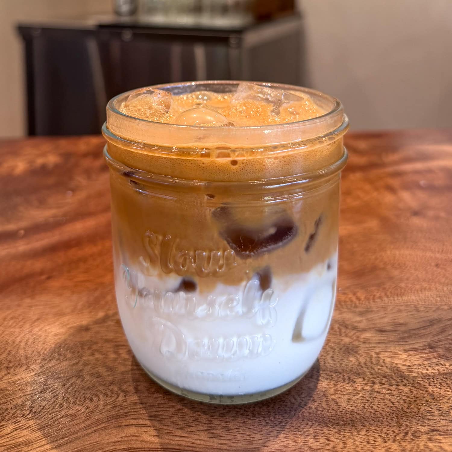 Iced latte with milk and espresso at a Kauai coffee shop in Hawaii