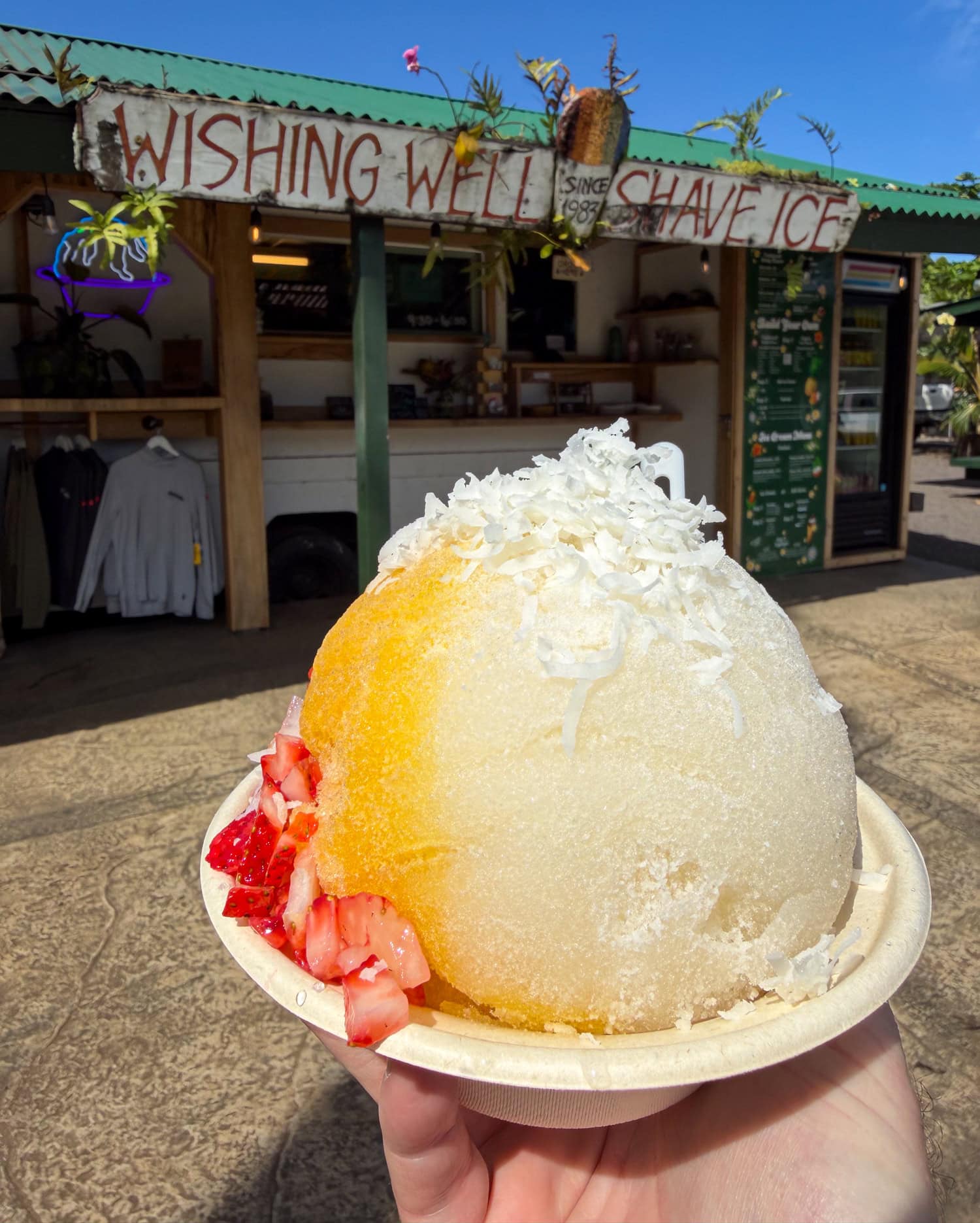 Tropical Bliss shave ice with strawberry and coconut from Wishing Well in Hanalei, Kauai