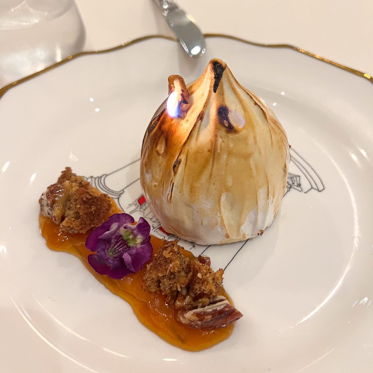 Flaming baked Alaska dessert served at Delmonico's in New York City.