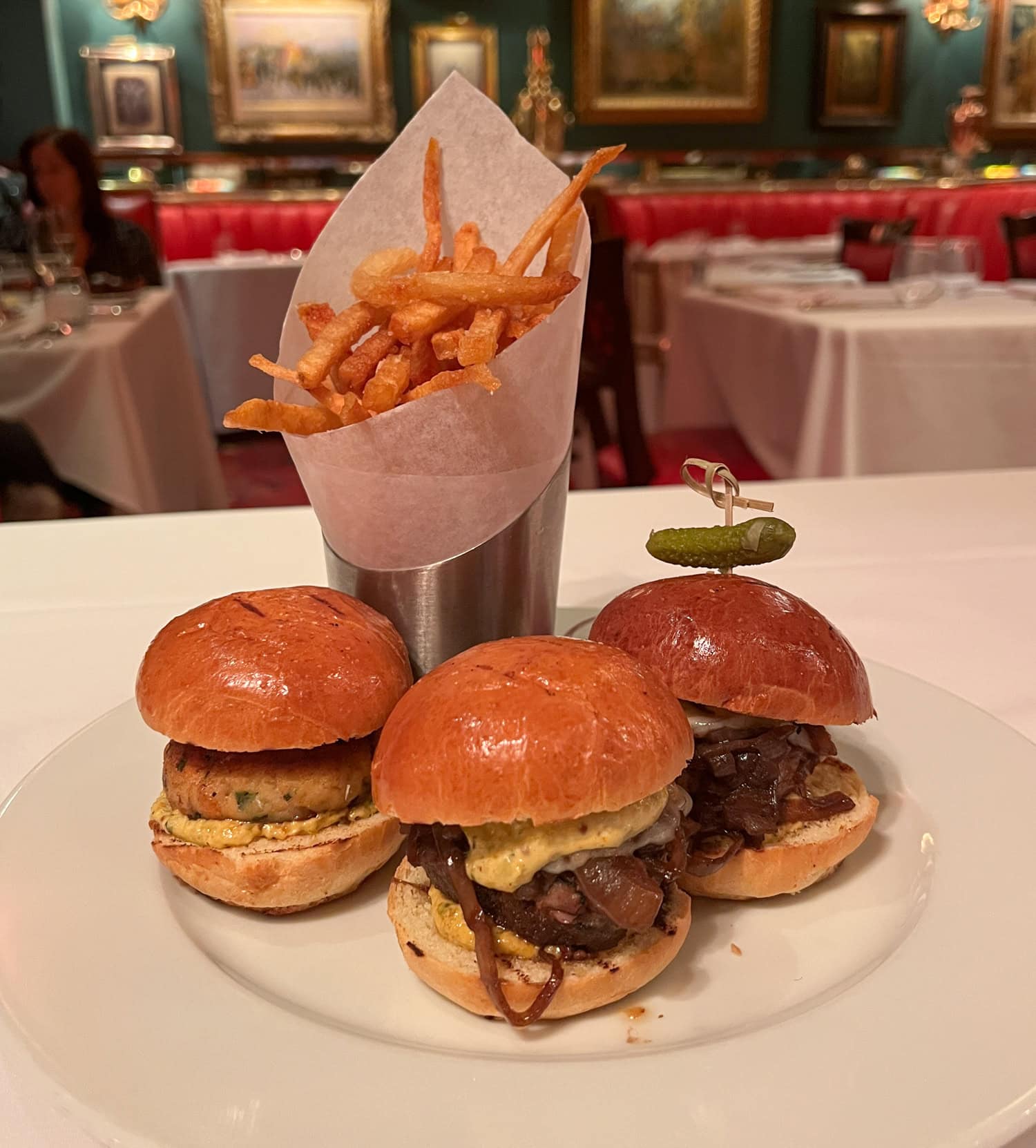 Slider trio with fries at the Russian Tea Room in New York City