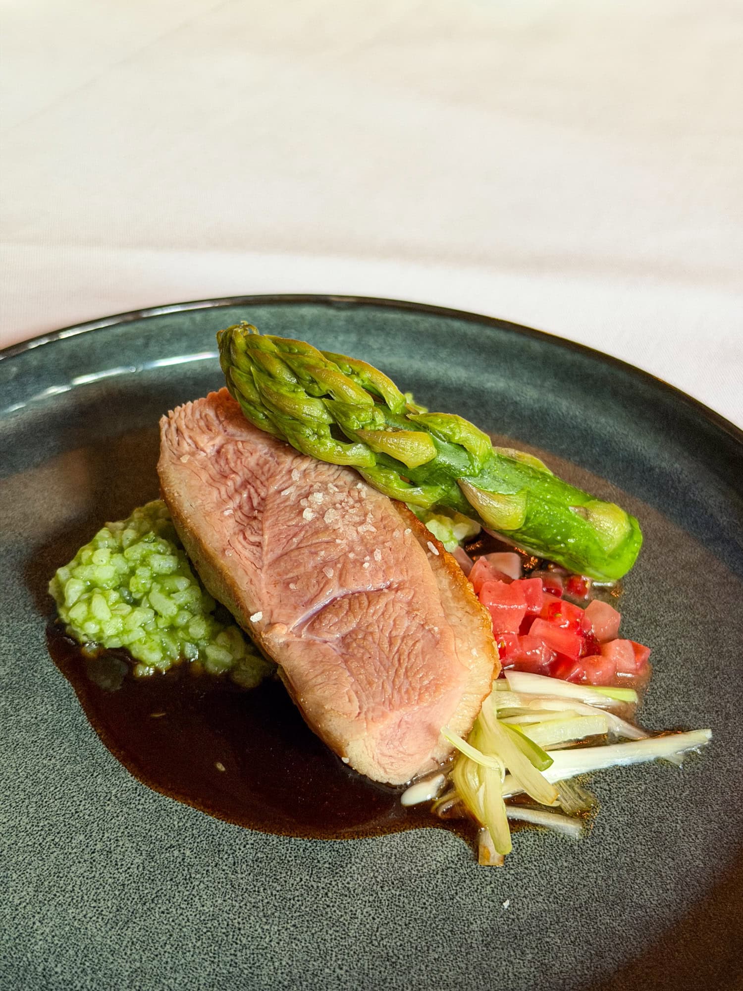 Duck breast with asparagus and duck jus at Circa 1886 Restaurant in Charleston, South Carolina