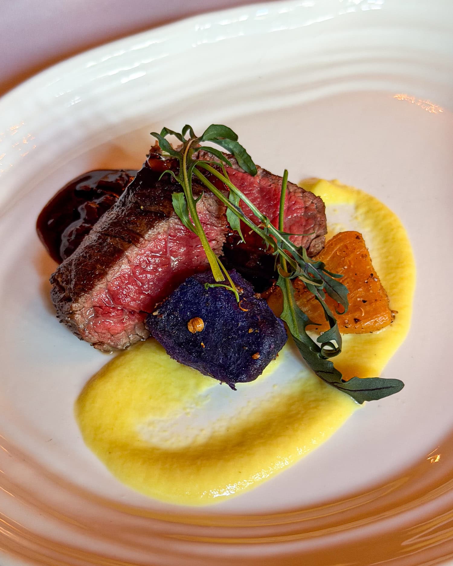 Mishima Reserve beef with roasted beets and summer squash purée at Circa 1886